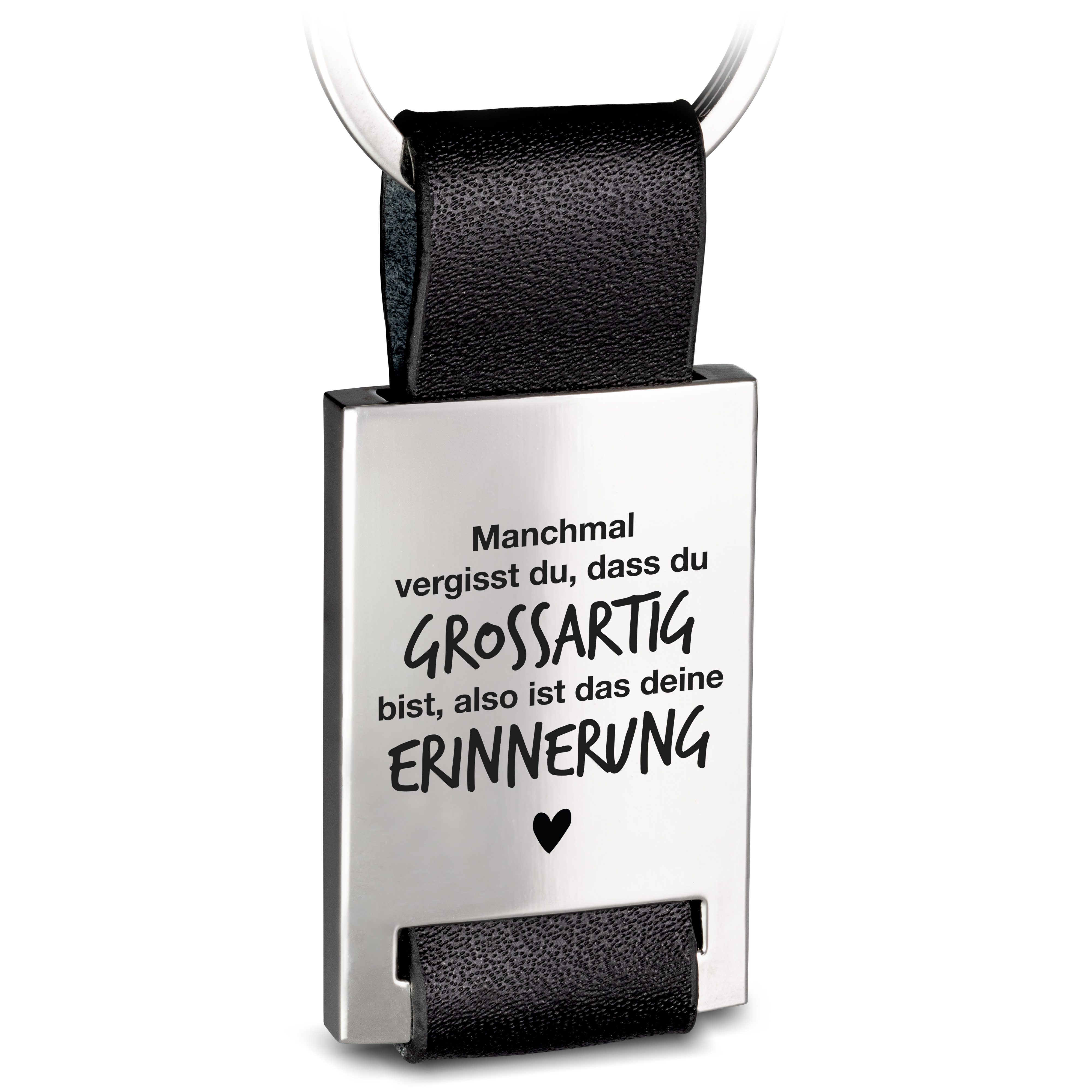 Schlüsselanhänger Rectangle aus Metall und Leder mit Gravur "Du bist großartig"
