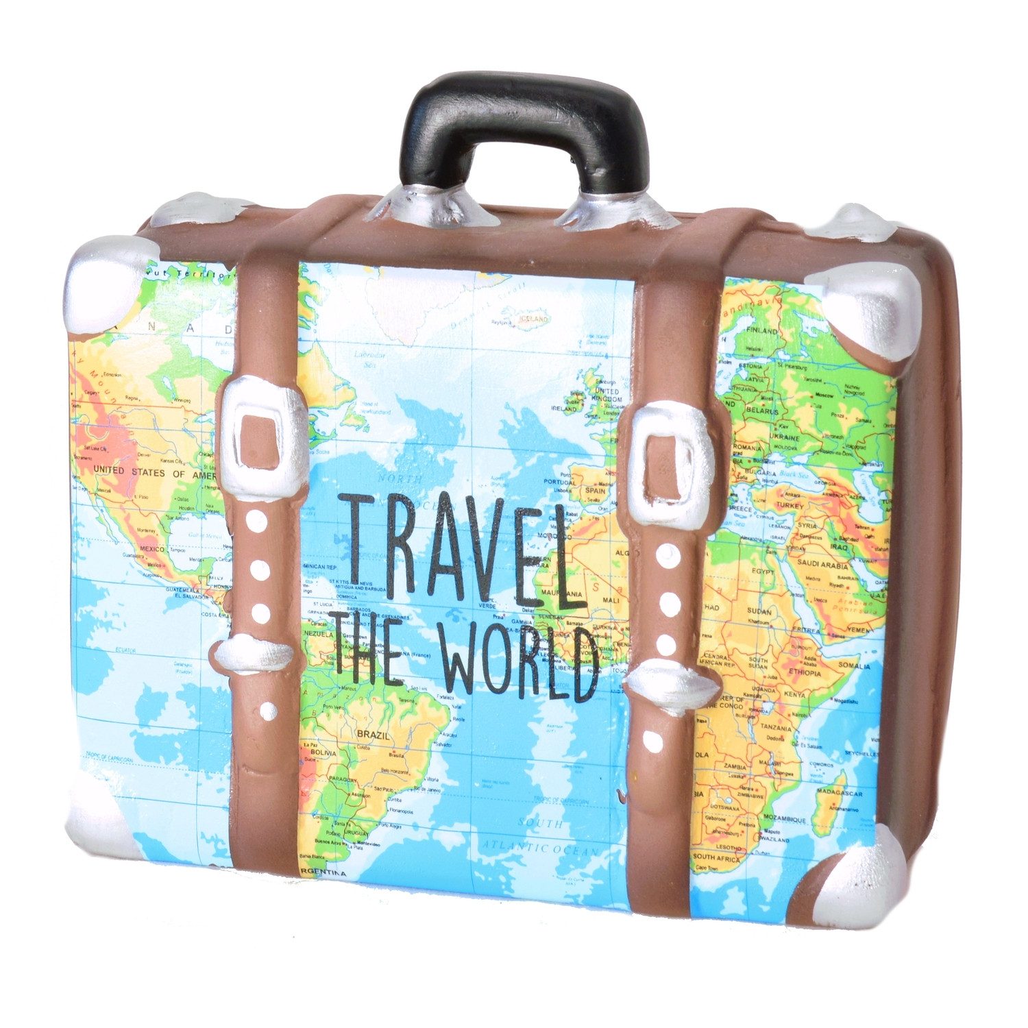 Spardose Travel the World Koffer Spardose in bunt-braun