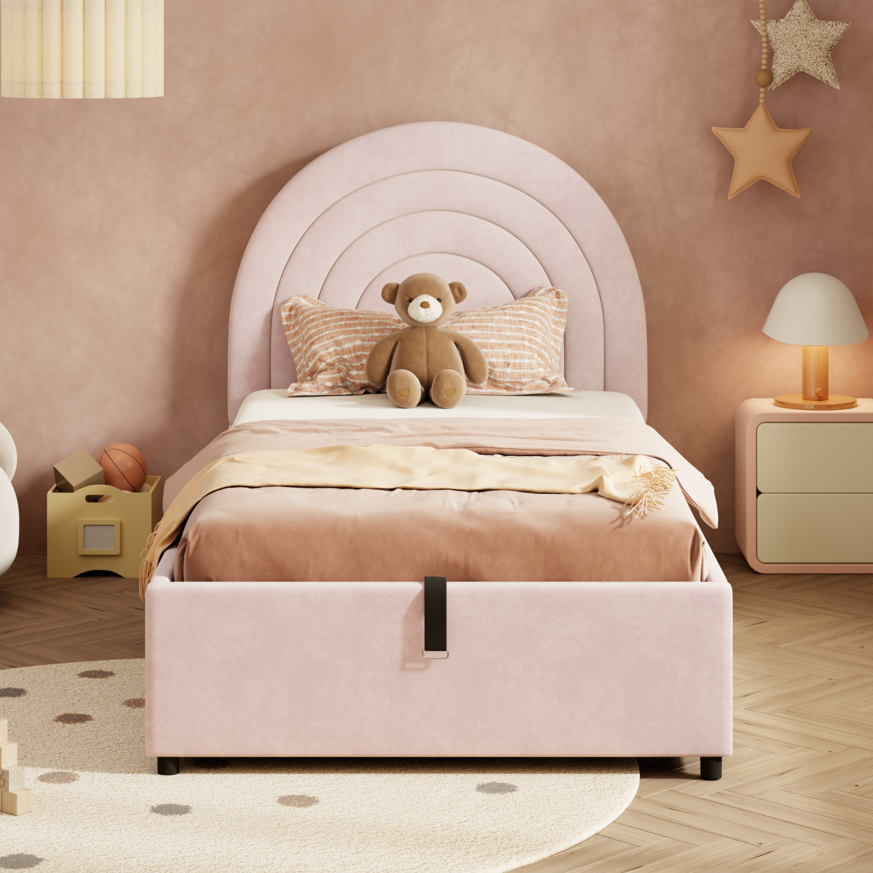MODFU Polsterbett Stauraumbett Kinderbett mit gepolstertem Kopfteil (Einzelbett, Jugendbett, 1-tlg., 90*200 cm, ohne Matratze, Samt), mit hydraulischem Stauraum und geräuschdämpfenden Füßen