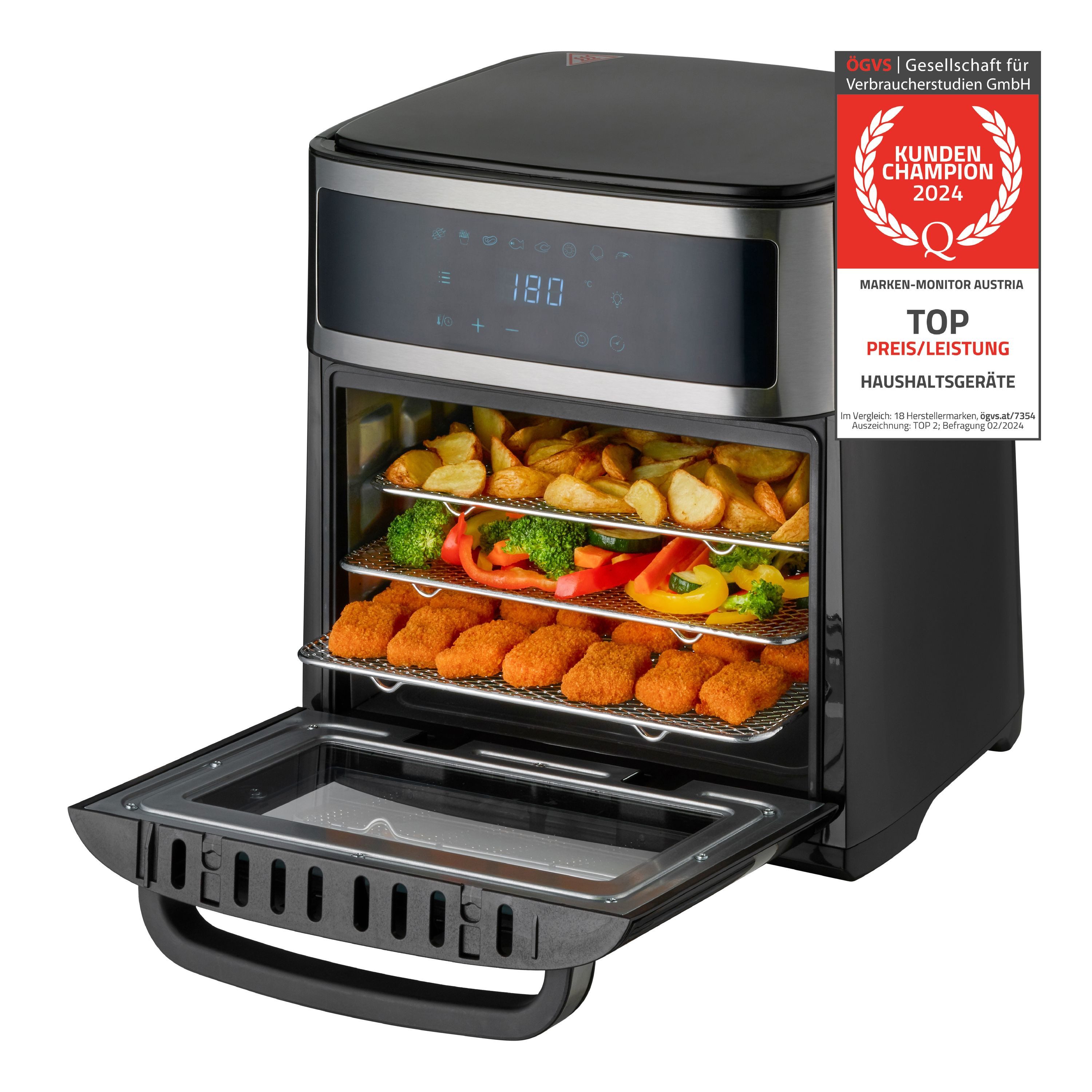 TZS FIRST AUSTRIA Heißluftfritteuse Heißluftofen 13L, Minibackofen, Airfryer XXL, Dörren, Umluft, ohne Öl, 1700 W, digital, 8 Programme, 5L Antihaft-Edelstahlkorb, 12-Std-Timer
