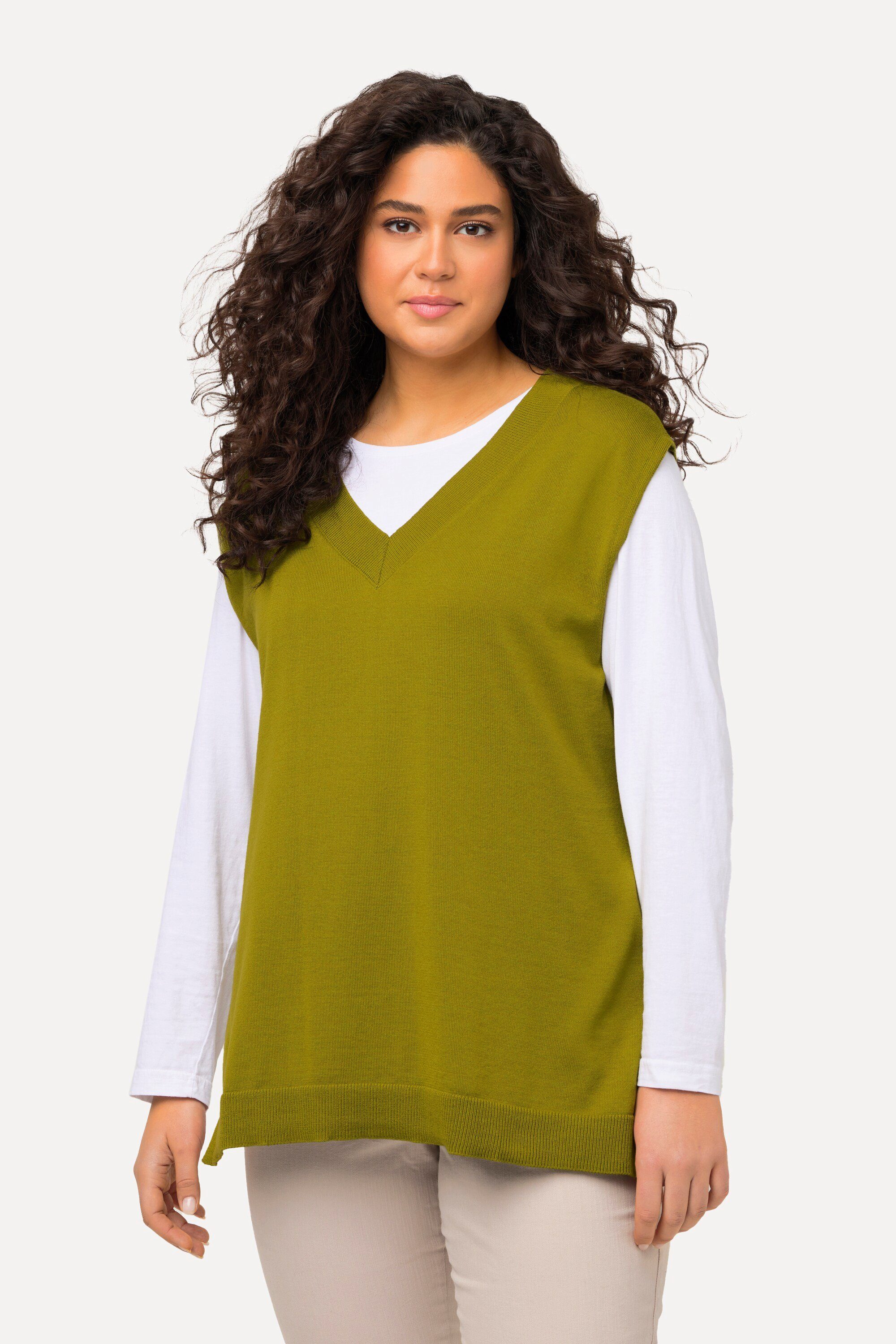 Ulla Popken Strickpullover Pullunder tiefer V-Ausschnitt Seitenschlitze oliv