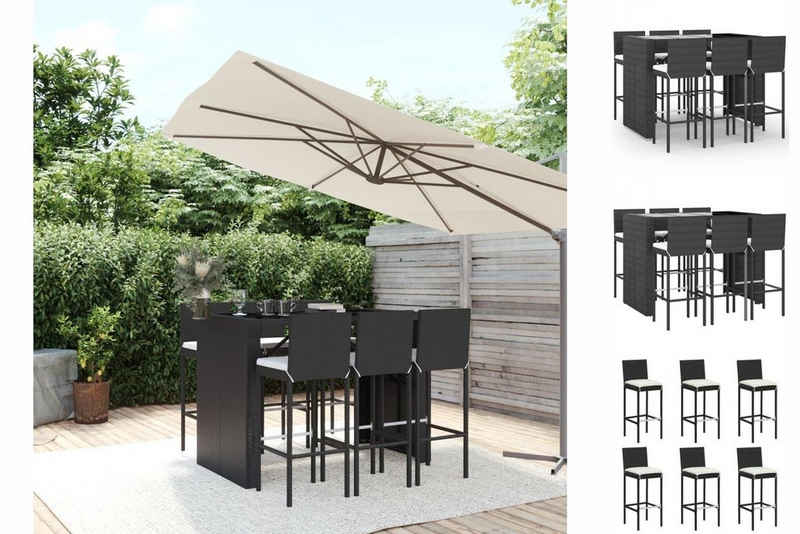 vidaXL Garten-Essgruppe 7-tlg Gartenbar-Set mit Kissen Schwarz Polyrattan