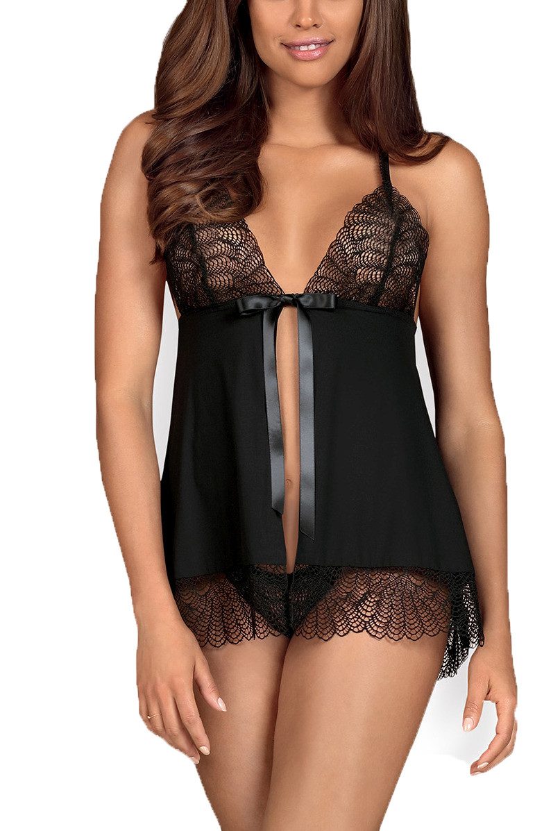 Negligé Frauen Dessous Babydoll Minikleid in Schwarz mit String aus Stretch un