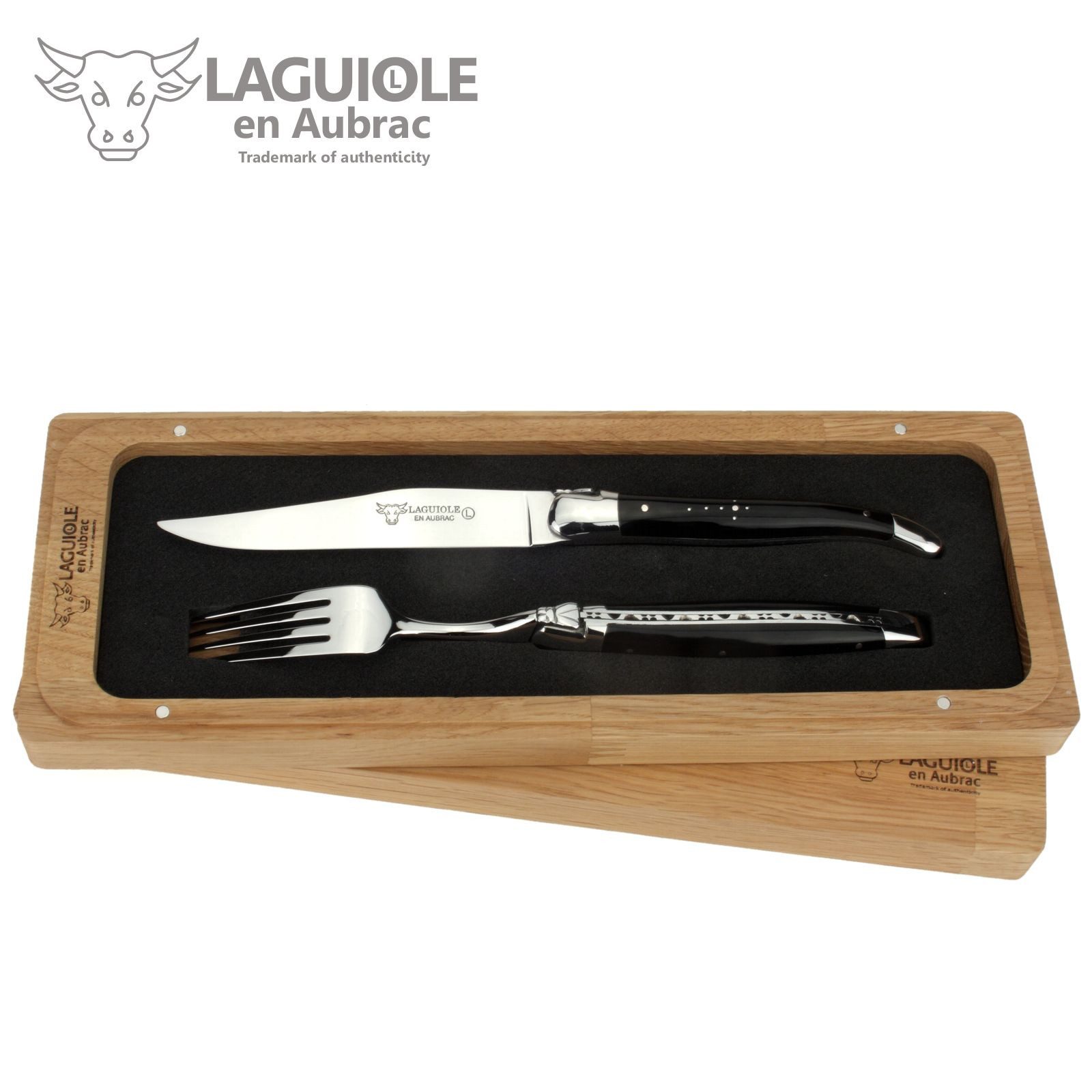 Laguiole en Aubrac Steakbesteck 1CF99BUI, 1 Messer / 1 Gabel - Griff Büffelhorn - Stahl glänzend