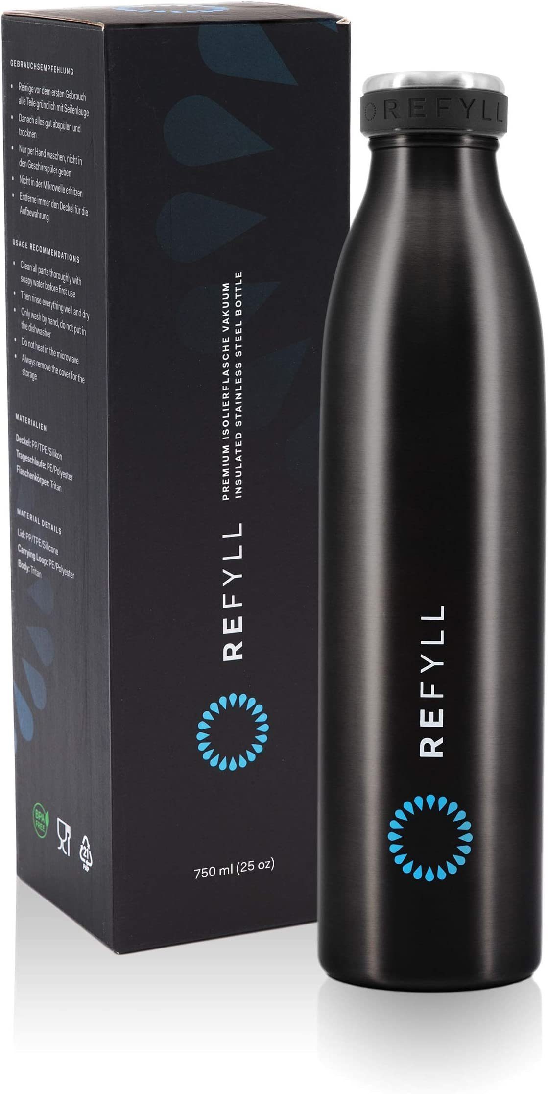 REFYLL Thermoflasche Trinkflasche "dailyFYLL" - 500ml, 750ml, 1l - Auslaufsicher & isoliert, Thermosflasche mit doppelwandiger Vakuum Isolierung Schwarz