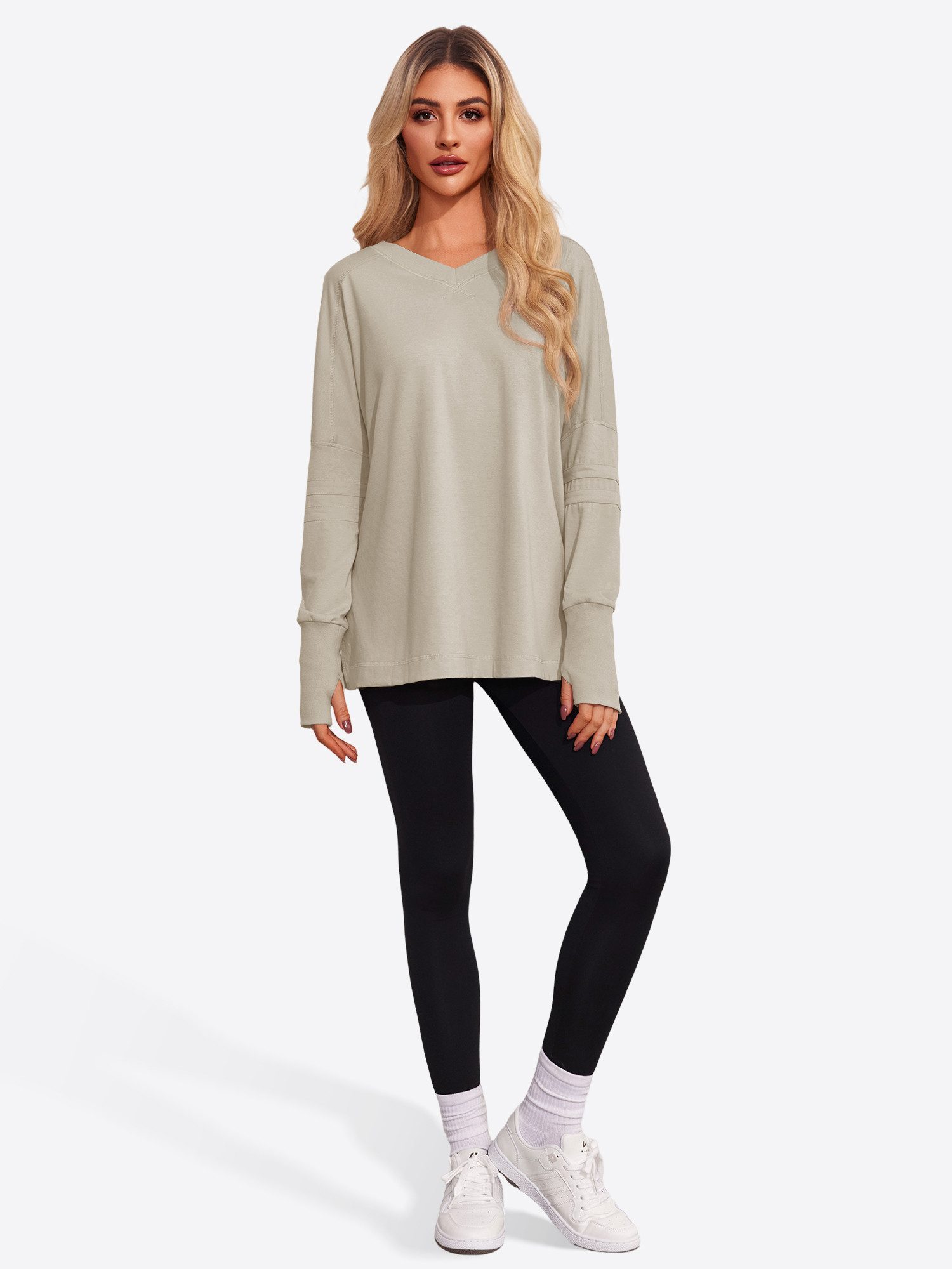 Imily Bela Langarmshirt Damen Oversize mit V-Ausschnitt Raglanärmeln und Daumenlöchern (Packung, 1-tlg., 1per-Pack) in Unifarbe