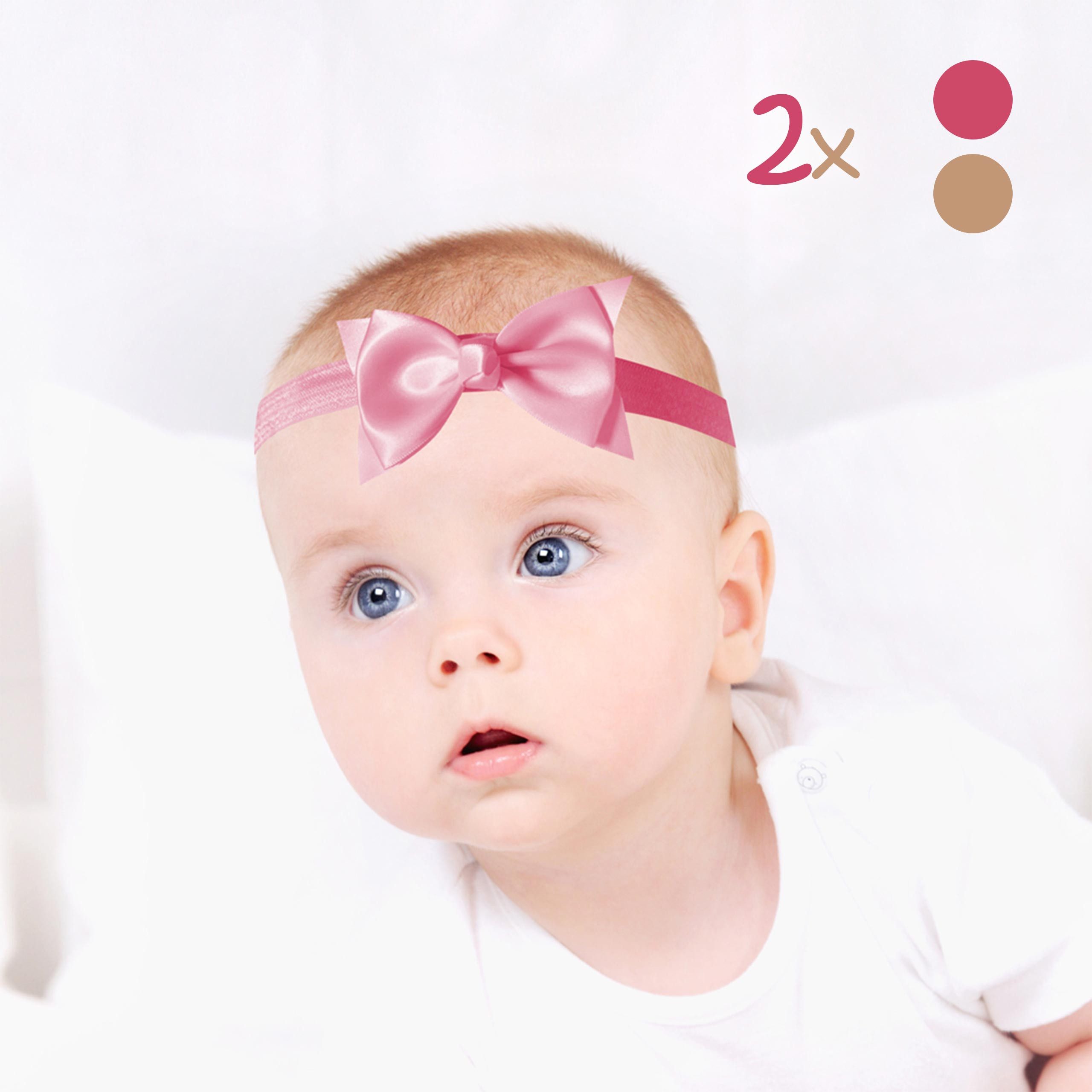 Timfanie Stirnband 2x Baby Kopfschmuck mit Schleife, stretch one-size, rosa + natur (rosa, creme, 2-St)