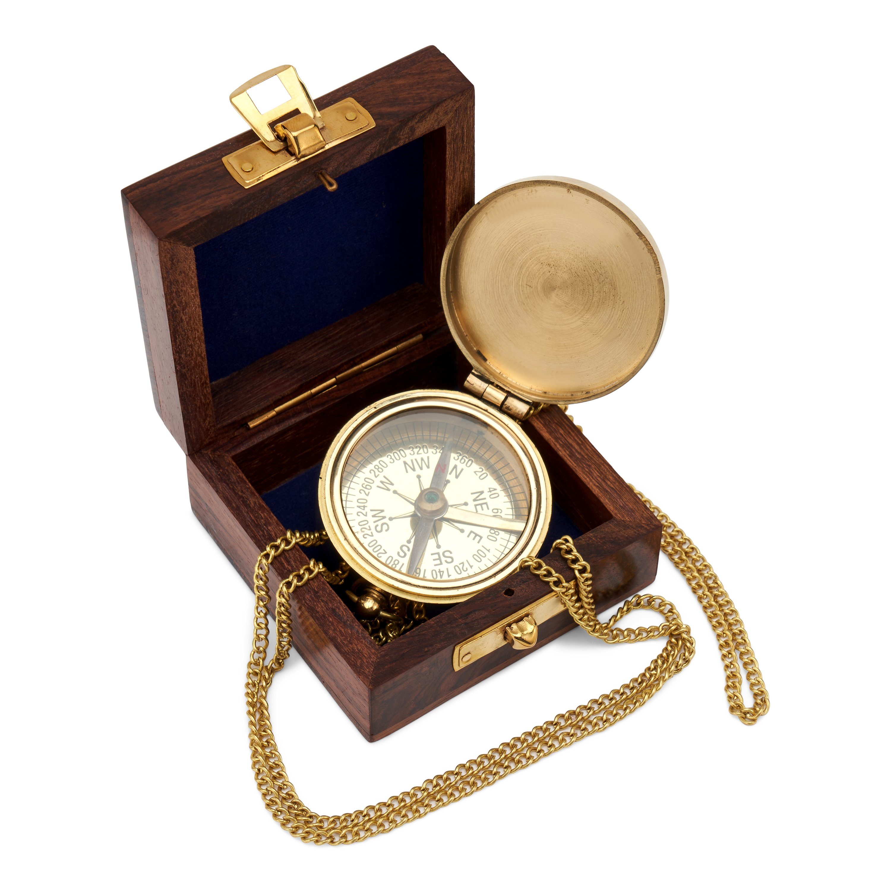 NKlaus Dekoobjekt 5cm Kompass mit Kette aus Messing Holzbox Taschenkompass Orientierungs