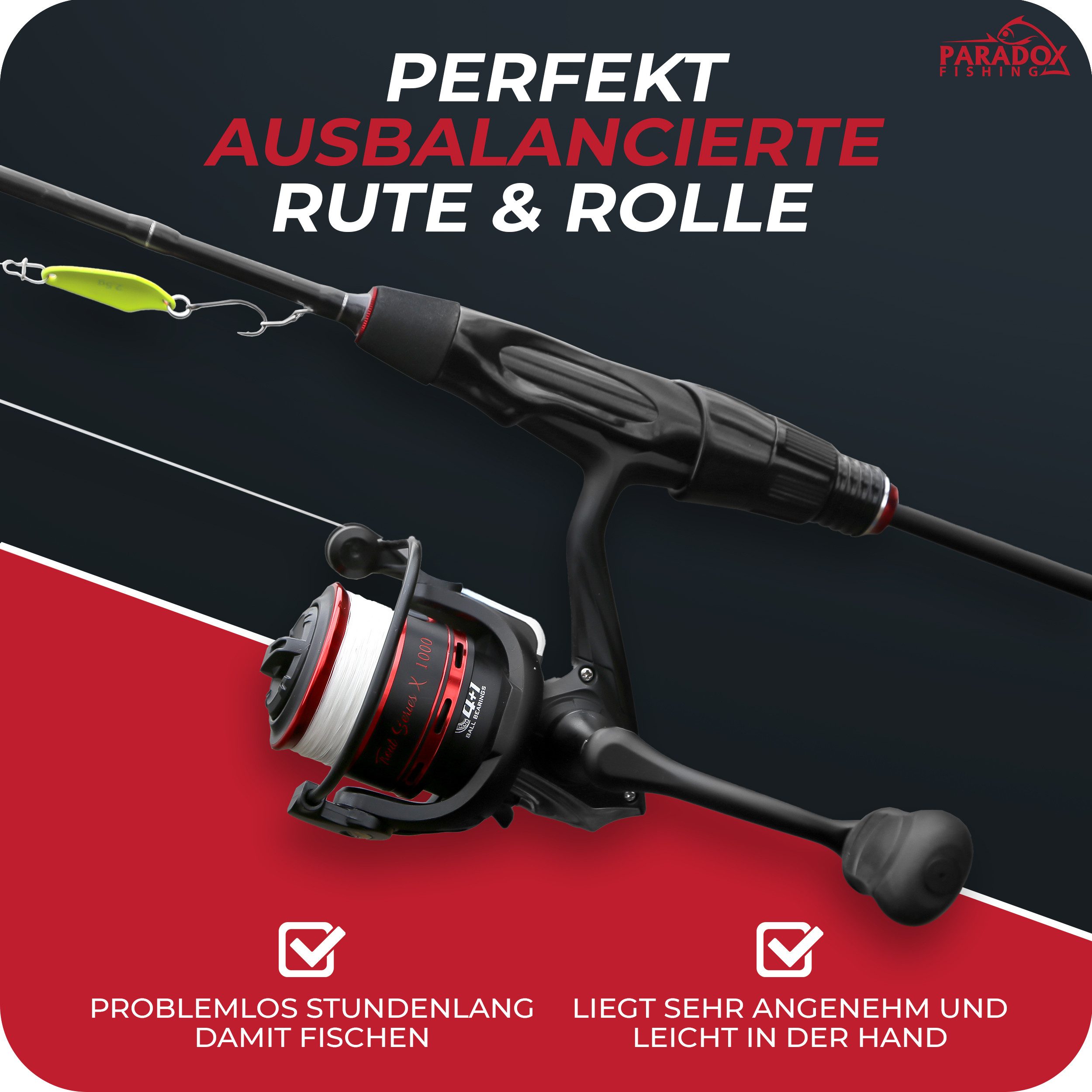 Paradox Fishing Spinnrute Trout Series X, (Rute + 1000 Rolle), UL-Rute, 1,85m 1,2-4g
