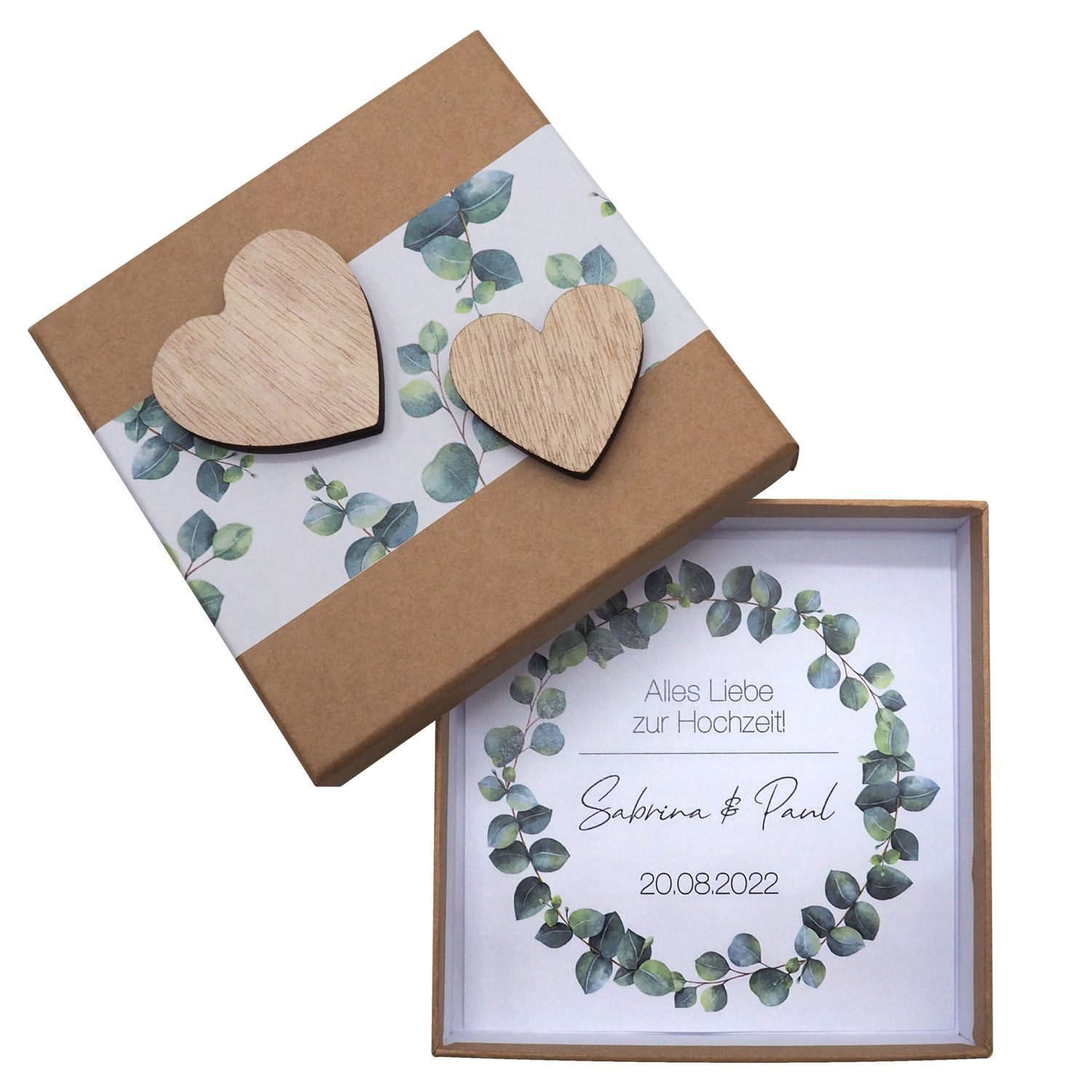 Geschenkbox Personalisierte Geldgeschenk Verpackung Hochzeit Kraft Herz Eukalyptus