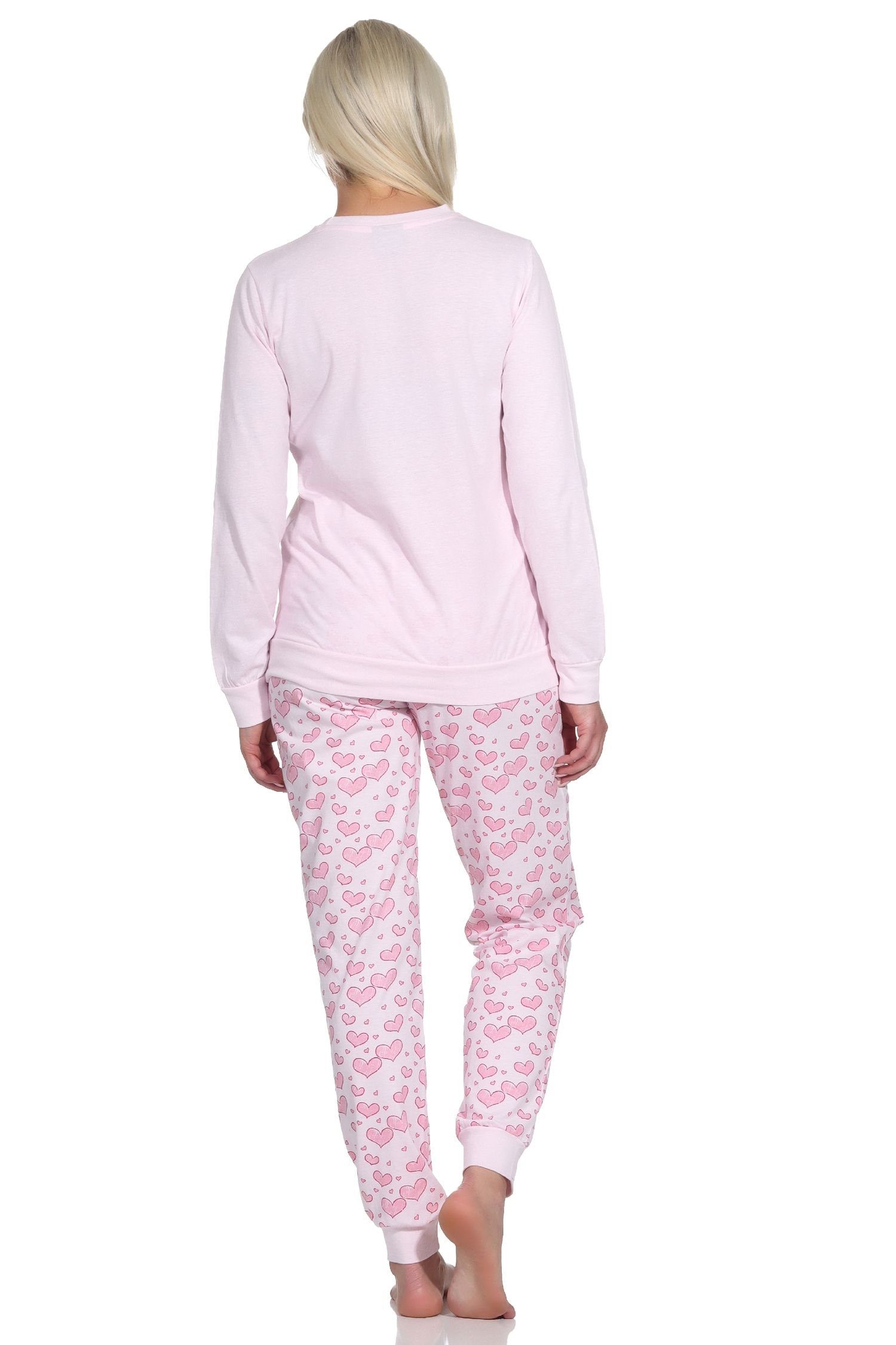 Optik Herz Normann Damen Bündchen in Langarm Schlafanzug Motiv mit rosa Pyjama