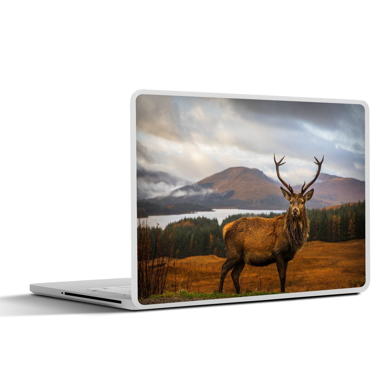 MuchoWow Laptop-Aufkleber Hirsche - Berge - Wasser - Landschaft - Tiere - Bäume, (1tlg), Laptop Folien Cover, Aufkleber, Sticker, Schutz vor Kratzern, 30x21 cm