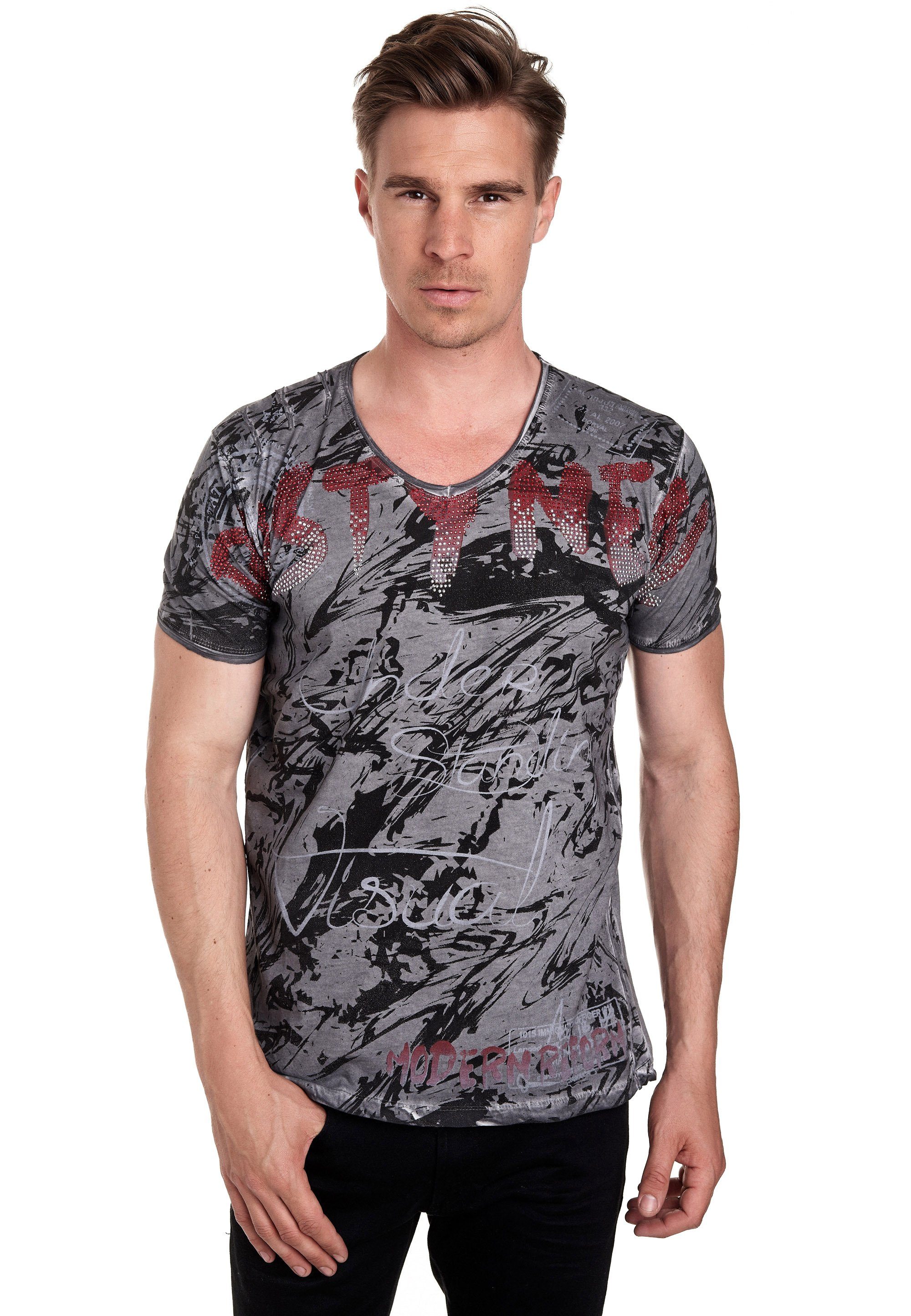 Rusty Neal T-Shirt mit aufwendigem Strass-Design anthrazit