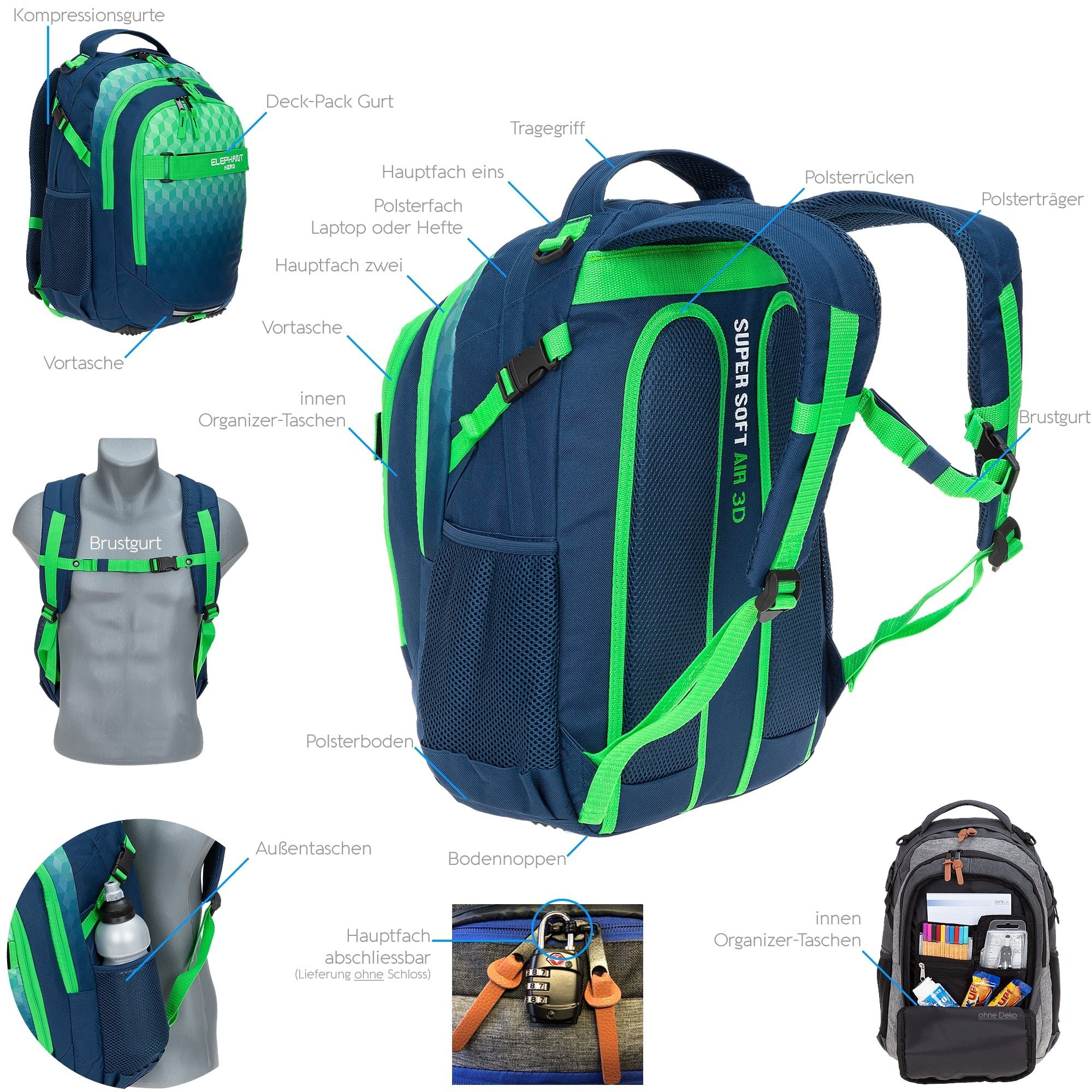ELEPHANT Schulrucksack Hero Signature Schultasche (2 Teile Set), Rucksack + Mäppchen Box