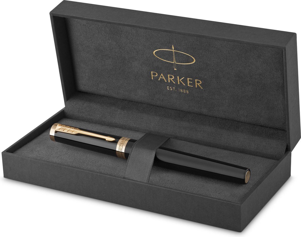 Parker Geschenkbox Ingenuity Rollerballpen, schwarz-gold, schwarze Tinte, Geschenkbox (1 St), Inkt entfernbar, nachfüllbar, mit Klammer