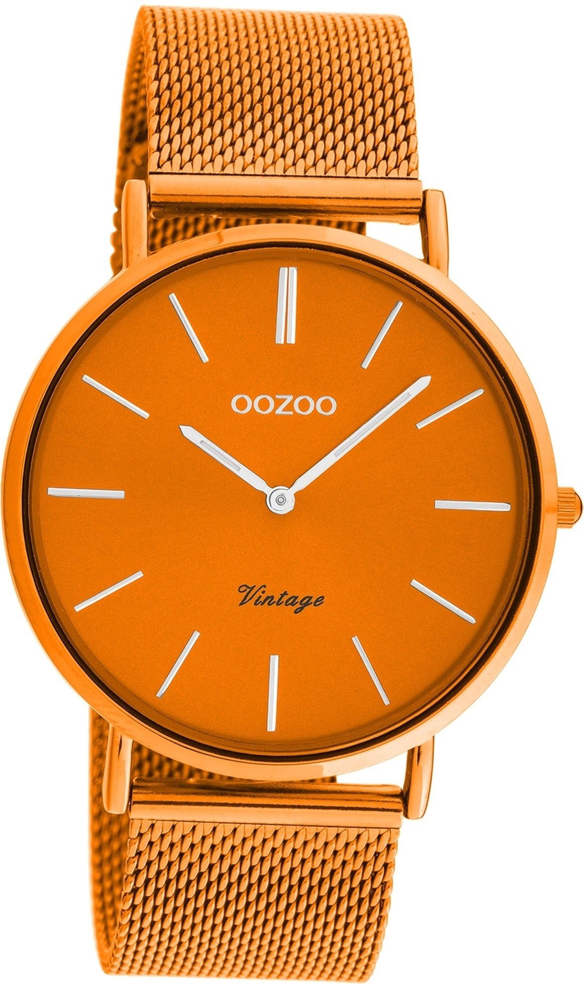 OOZOO Quarzuhr Oozoo Damen Armbanduhr Vintage Series, Damenuhr Metall, Mesharmband orange, rundes Gehäuse, groß (ca. 40mm)