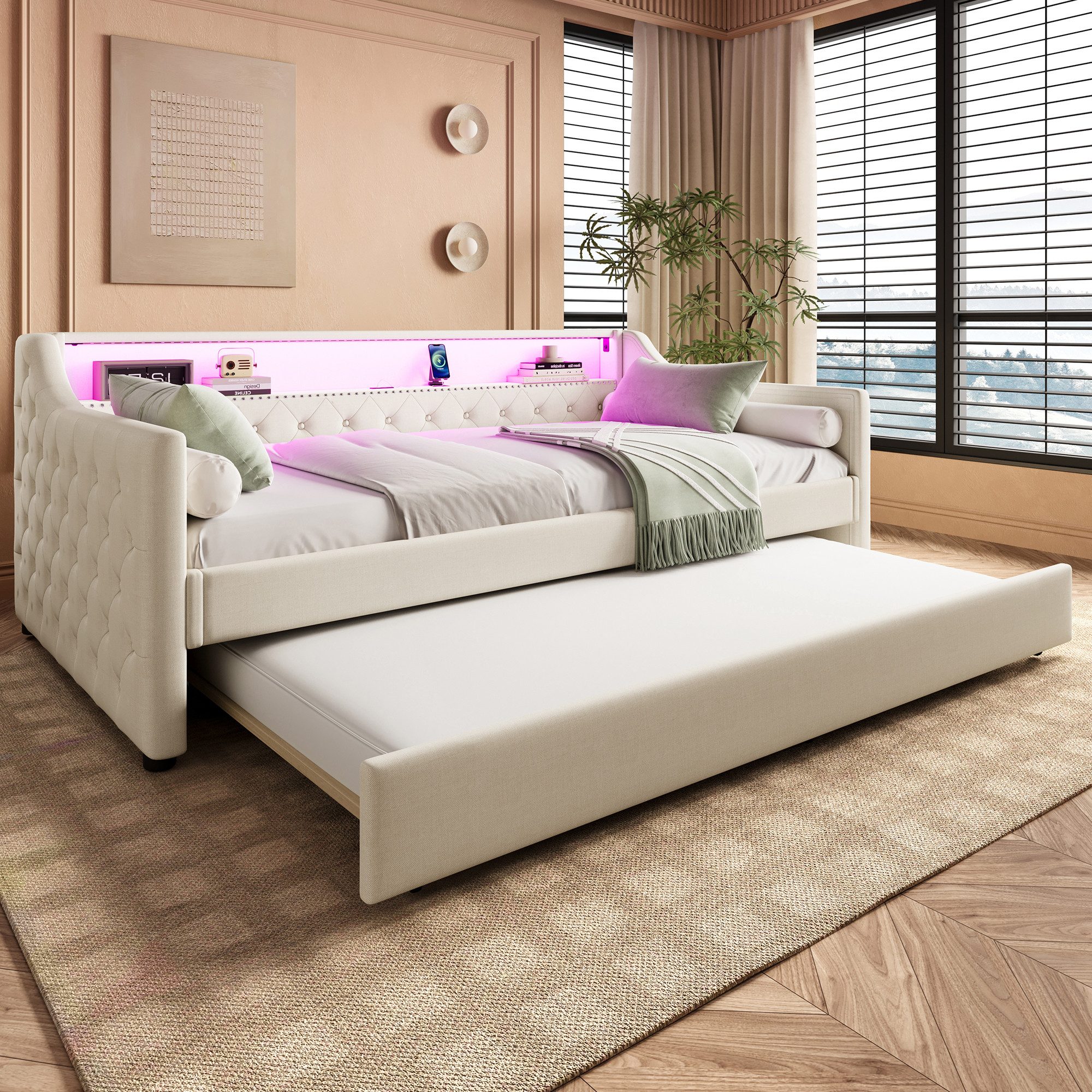 Flieks Daybett, LED Polsterbett Tagesbett 90x200cm mit Ausziehbett, USB-Ladebuchse
