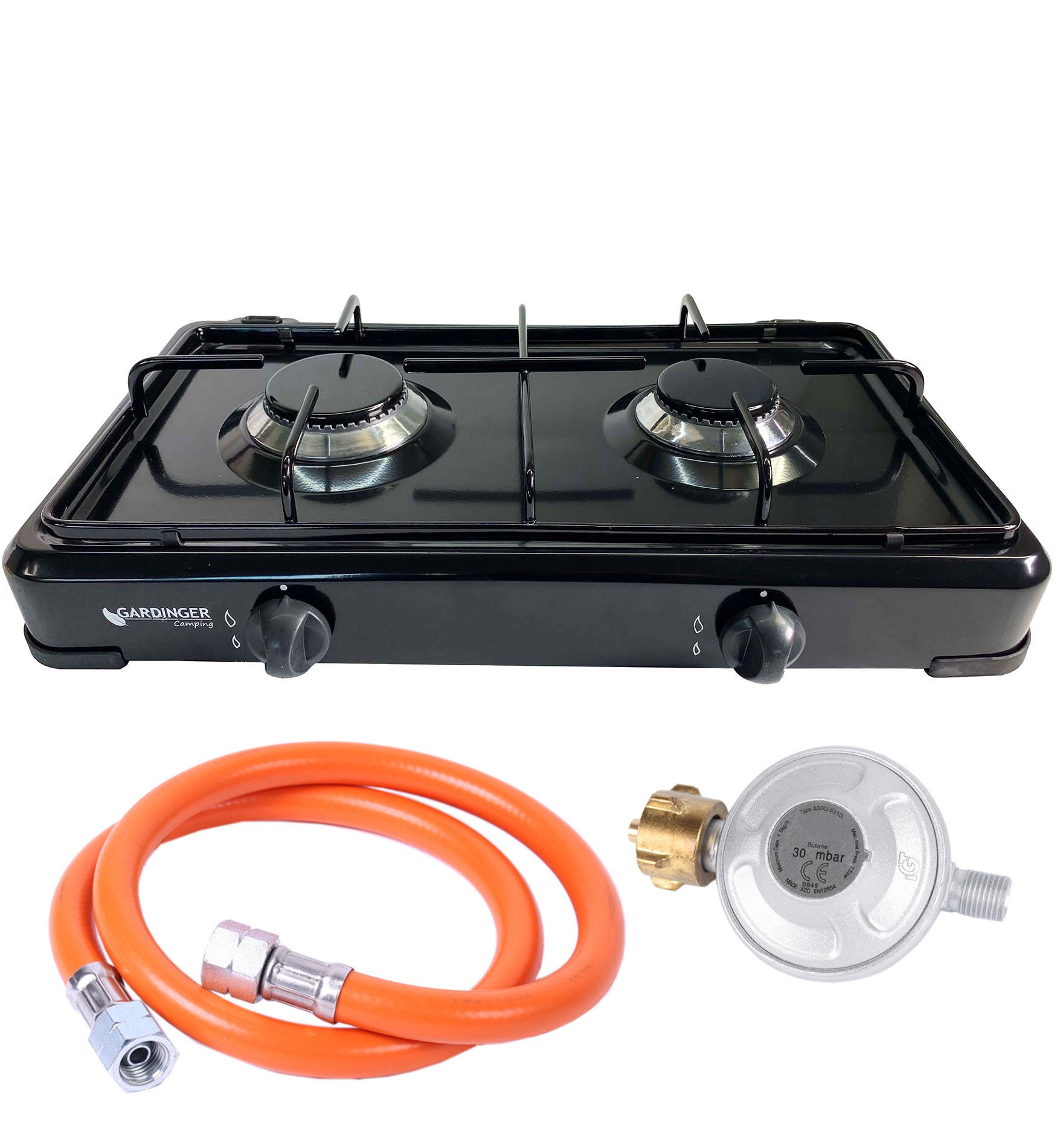 GARDINGER Taschenkocher Duo base Campingkocher schwarz zweiflammig Schlauchreglerset 30 mbar, (Set, 3-St), Alugussbrenner, zweiflammig, 2,00 kW / 1,5 kW