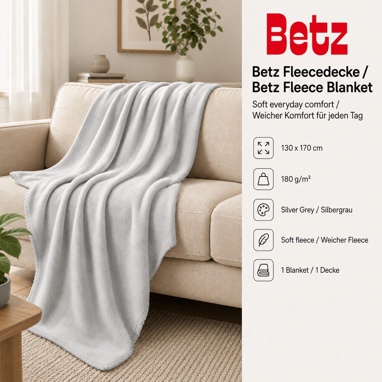 Wohndecke Betz Fleecedecke 130x170 cm 180g/m² – Weiche Wohndecke & Kuscheldecke, Betz, Leicht, wärmend & pflegeleicht – Bild 2 von 5