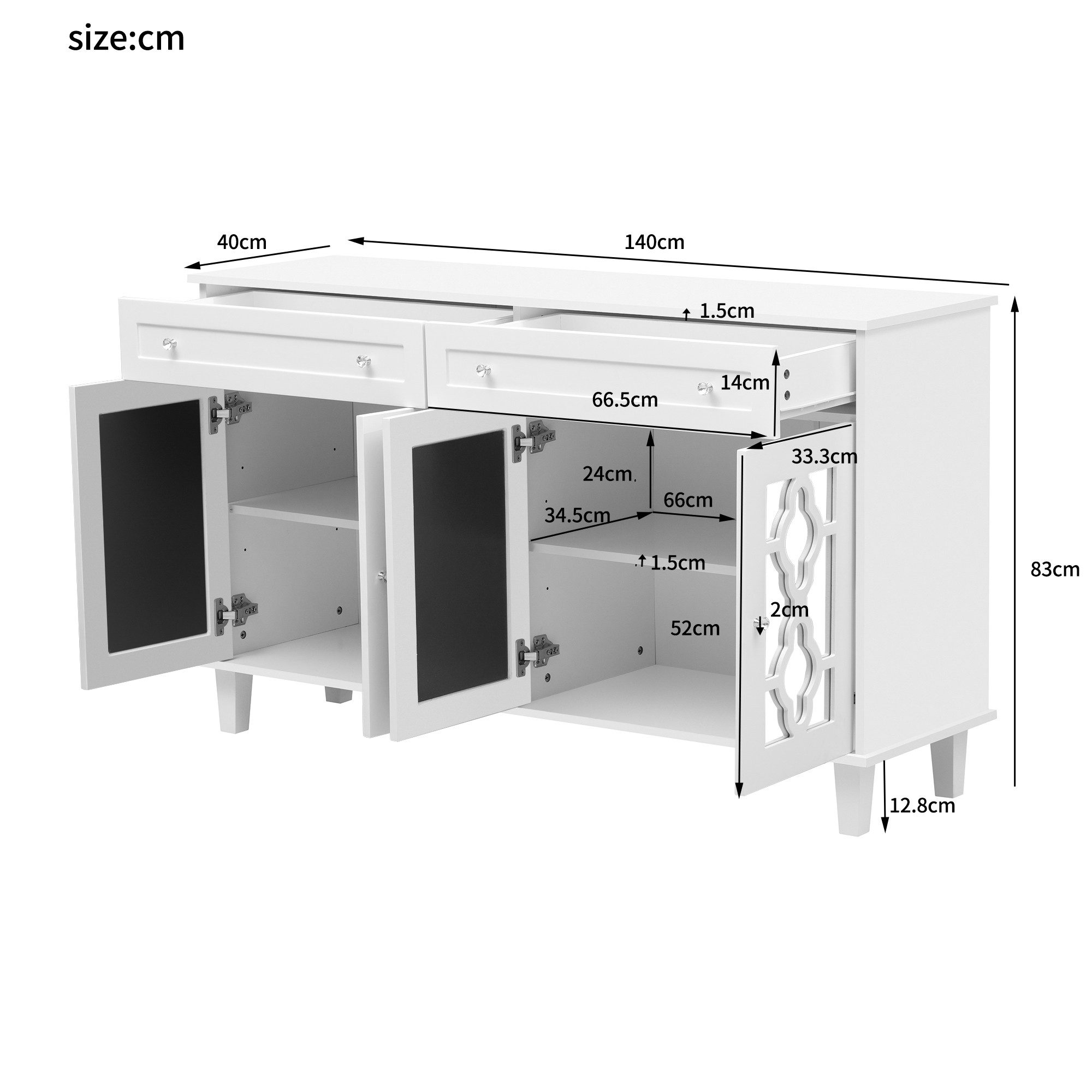 Merax Sideboard mit 4 Spiegeltüren und Schubladen (mit Kristallgriffe für Wohnzimmer, Esszimmer, Flur, H83/B140/ T40 cm), Kommode mit verstellbaren Einlegeböden – Bild 5 von 5