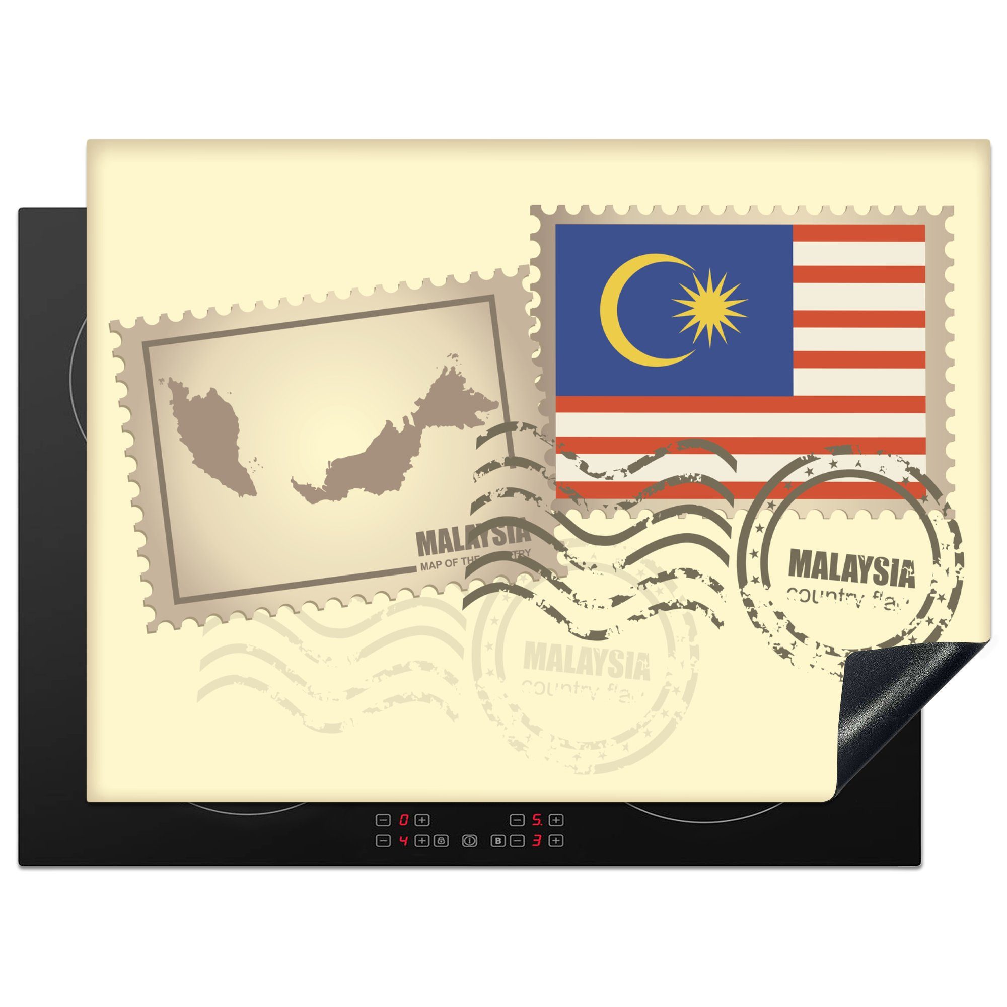 MuchoWow Herdblende-/Abdeckplatte Die Briefmarken zeigen die Karte von Malaysia und die malaysische, Vinyl, (1 tlg), 70x52 cm, Mobile Arbeitsfläche nutzbar, Ceranfeldabdeckung