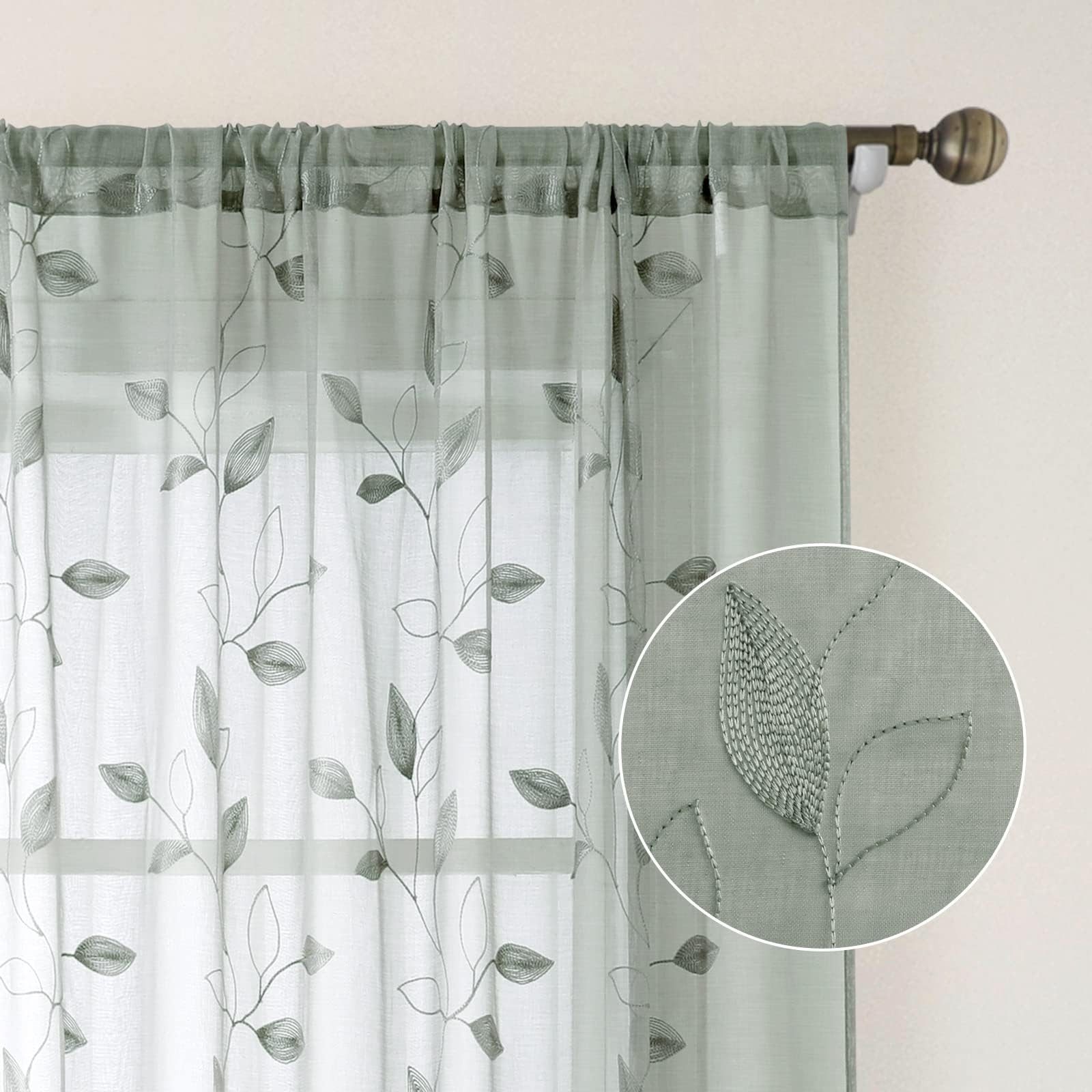 Minicloss Vorhang Leinen Voile Vorhänge, halbtransparente Blumenvorhänge, 1 Stück, Blätter-Stickerei Vorhänge, geeignet für Schlafzimmer und Wohnzimmer
