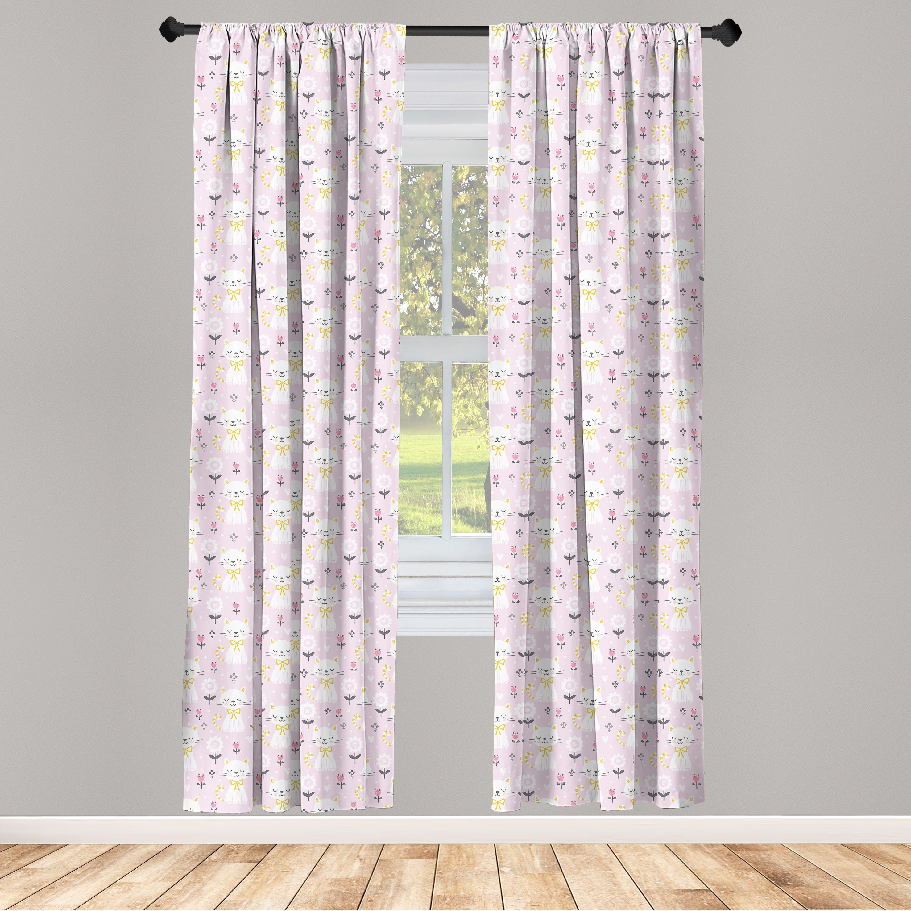Gardine Vorhang für Wohnzimmer Schlafzimmer Dekor, Abakuhaus, Microfaser, Kätzchen Katzen mit Band und Blumen