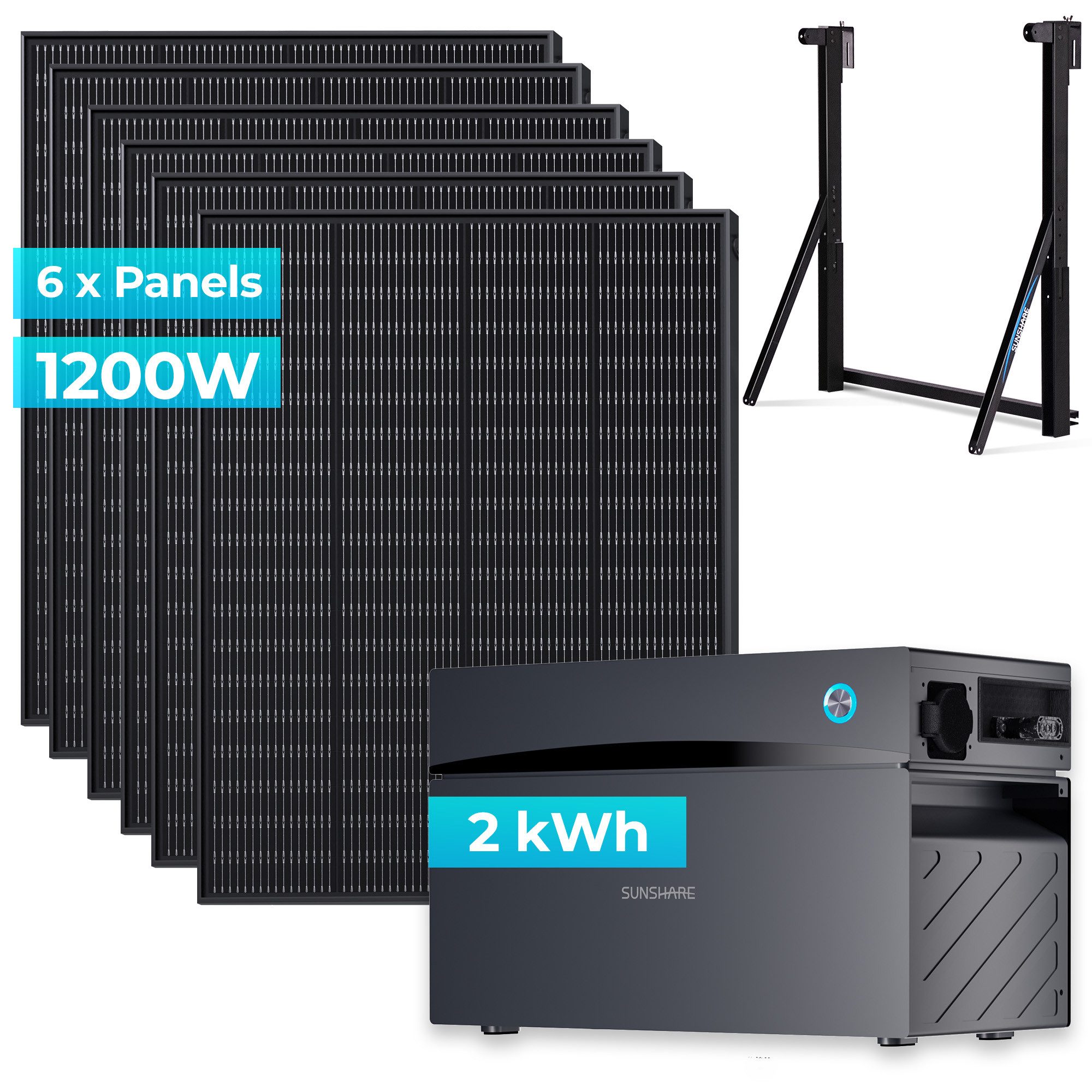 Sunshare Balkonkraftwerk Ray 1200W Komplettset mit 2 kWh Glory Speicher, Halterung wählbar, 1200 W, (Komplettset (6× Module + Speicher + Halterungen)