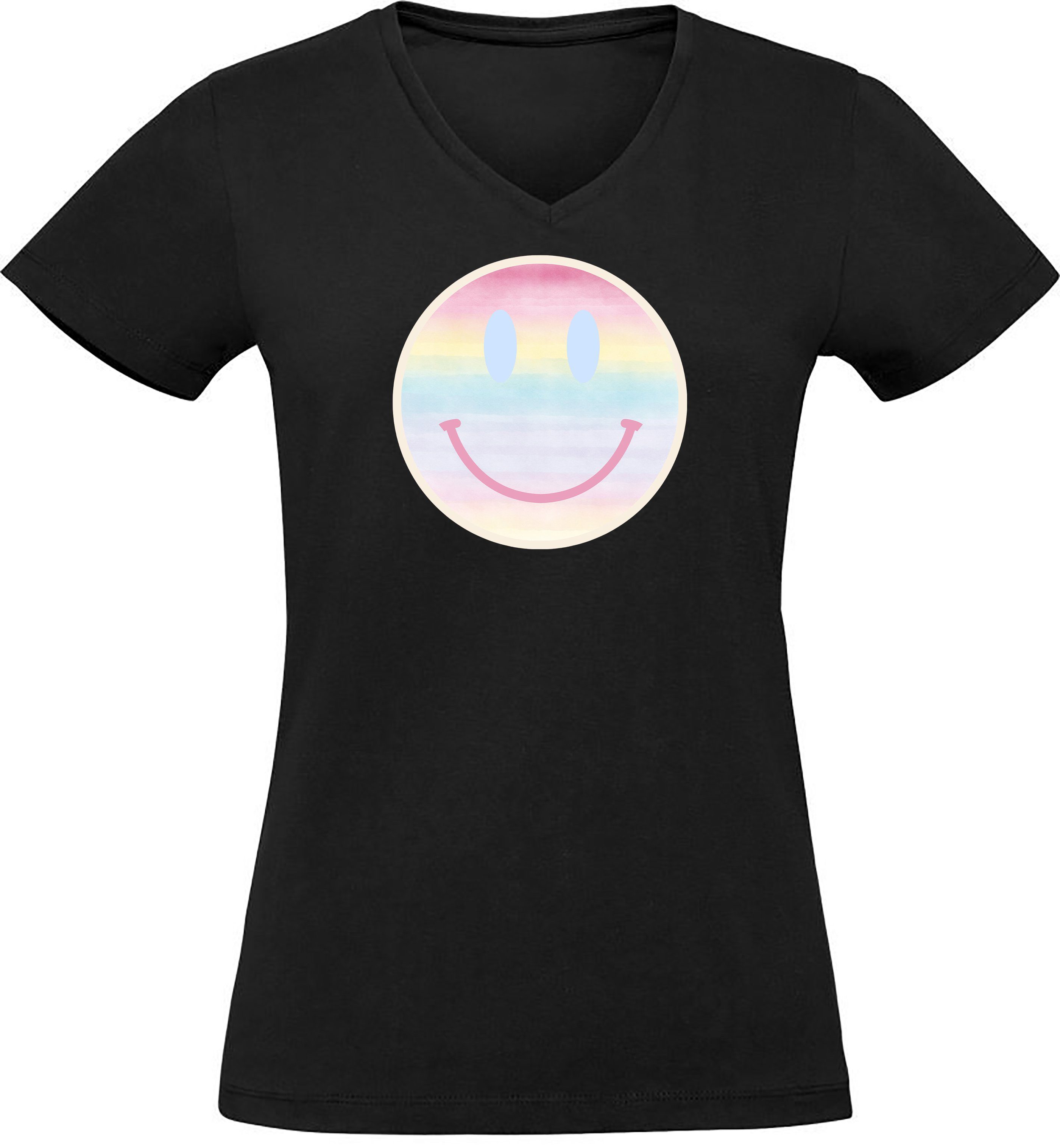 T-Shirt mit Lächelnder Smiley Slim schwarz V-Ausschnitt Shirt Baumwollshirt MyDesign24 pastellfarbener - i297 Damen Fit, Aufdruck Print Smiley