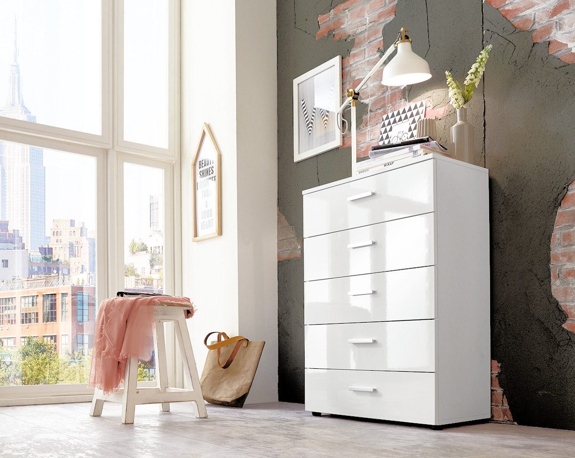 moebel-dich-auf Schubkastenkommode MALAGA 6 (65 cm breit), Fronten in weiß Hochglanz