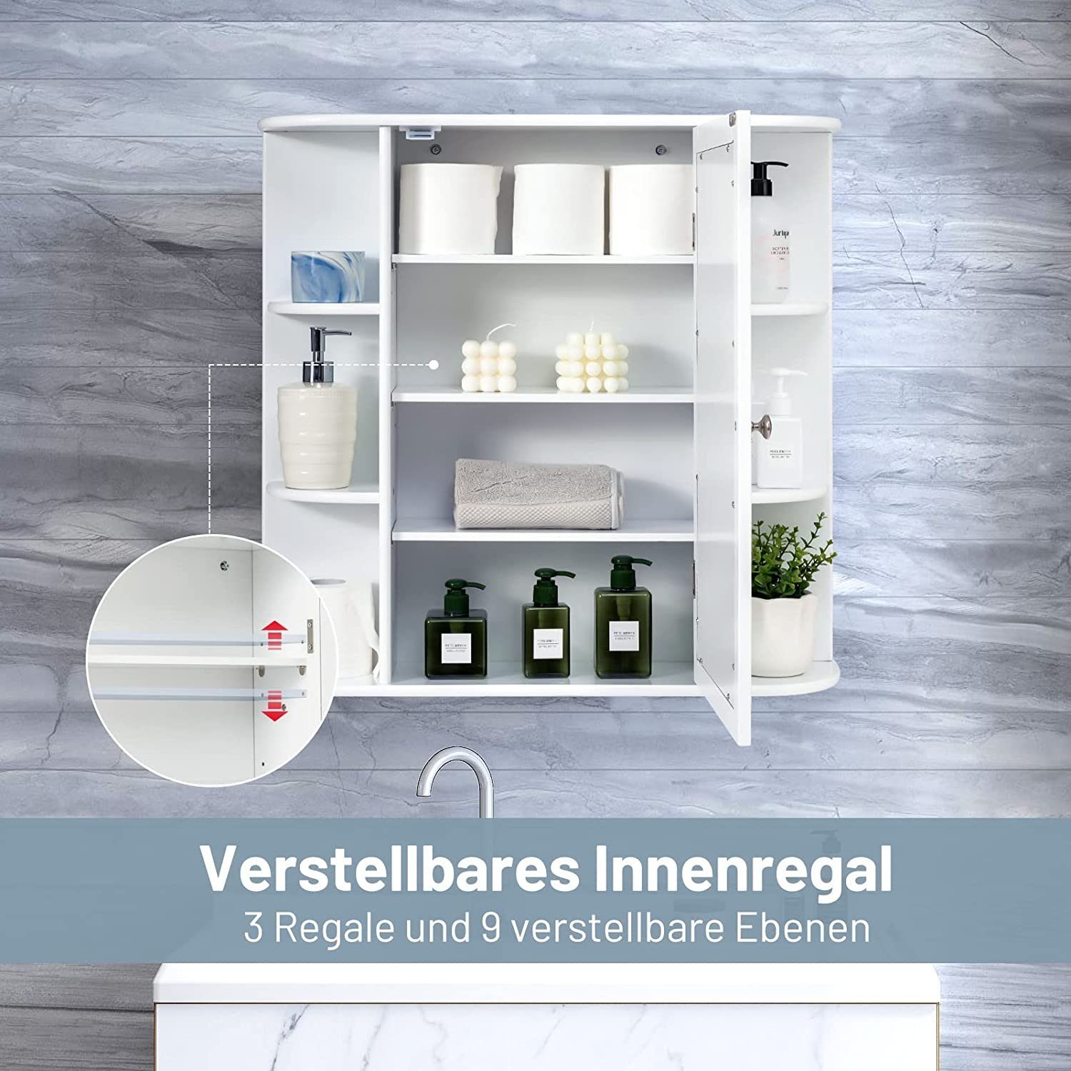 COSTWAY Spiegelschrank Badezimmerschrank mit Spiegeltür&Ablagen, hängend weiß – Bild 3 von 5