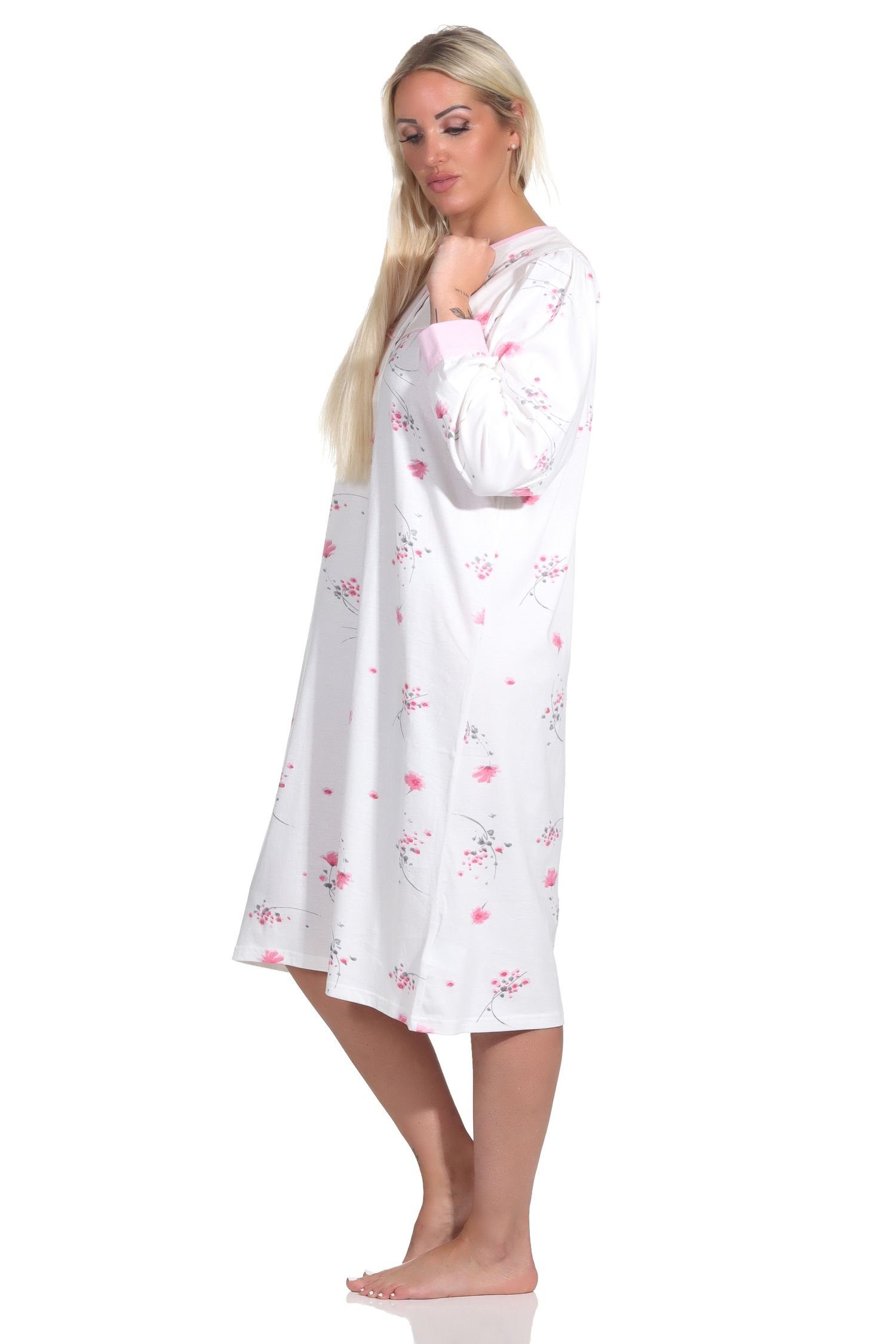 Hals Normann Nachthemd Nachthemd Knopfleiste am Frauliches langarm rosa mit Damen