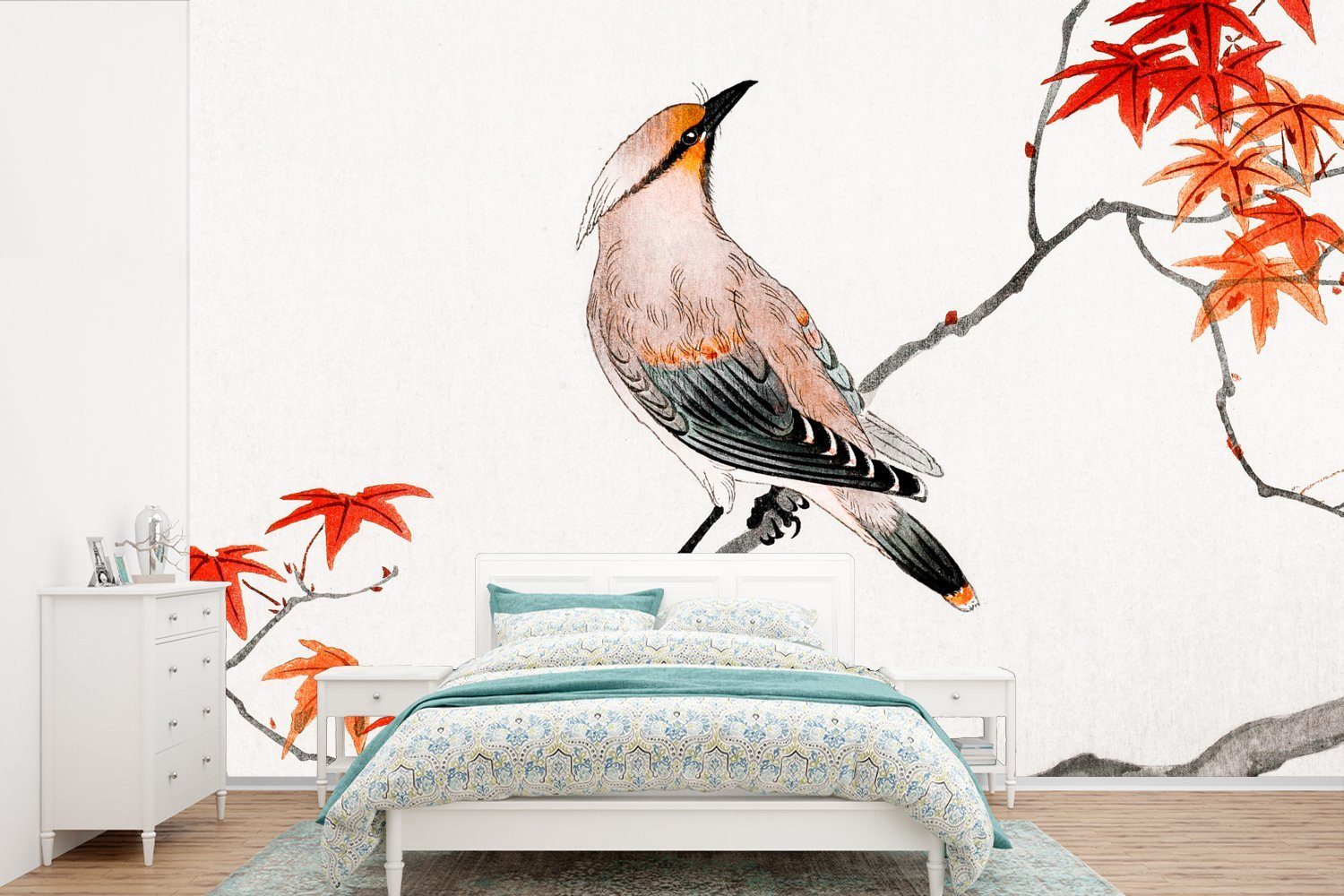 MuchoWow Fototapete Japanischer Ahorn - Baum - Vögel, Matt, bedruckt, (6 St), Wallpaper für Wohnzimmer, Schlafzimmer, Kinderzimmer, Vinyl Tapete