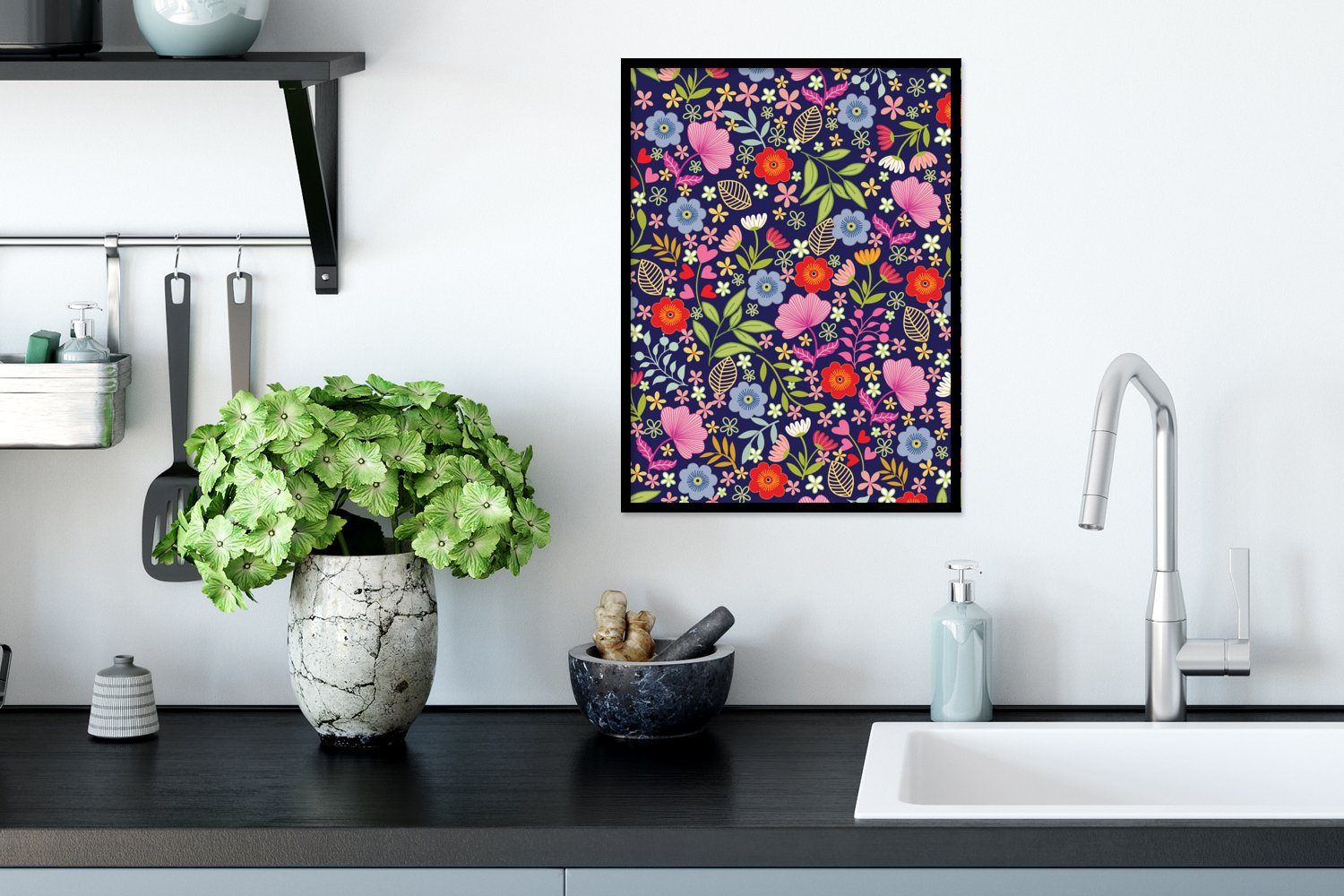 (1 Schwarzem Bilderrahmen MuchoWow Poster, St), Poster Rahmen, Gerahmtes Kunstdruck, - - Farben mit Muster, Blumen