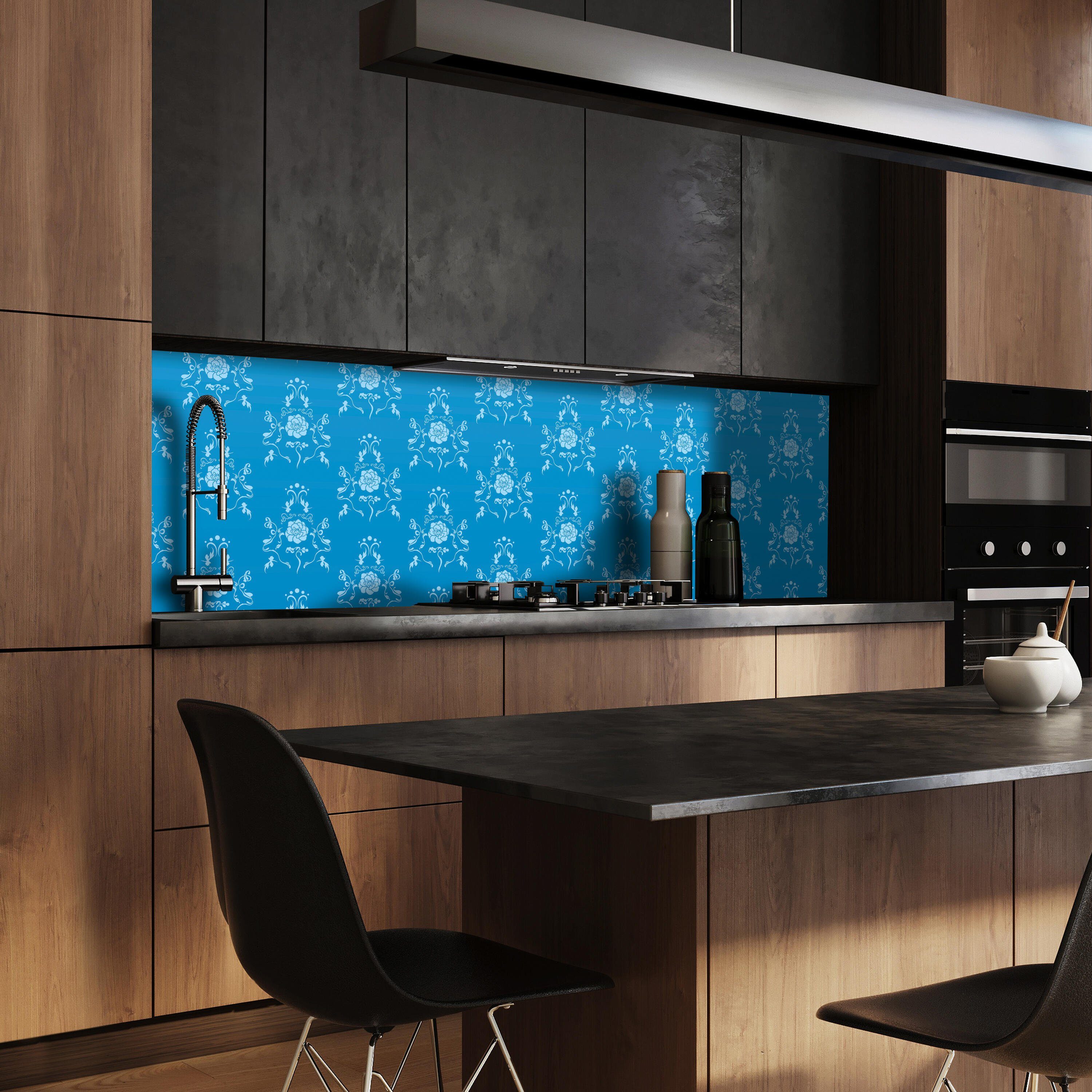 Muster, Premium in Küchenrückwand wandmotiv24 Nischenrückwand Größen Blau versch. Hartschaum (1-tlg), Barock