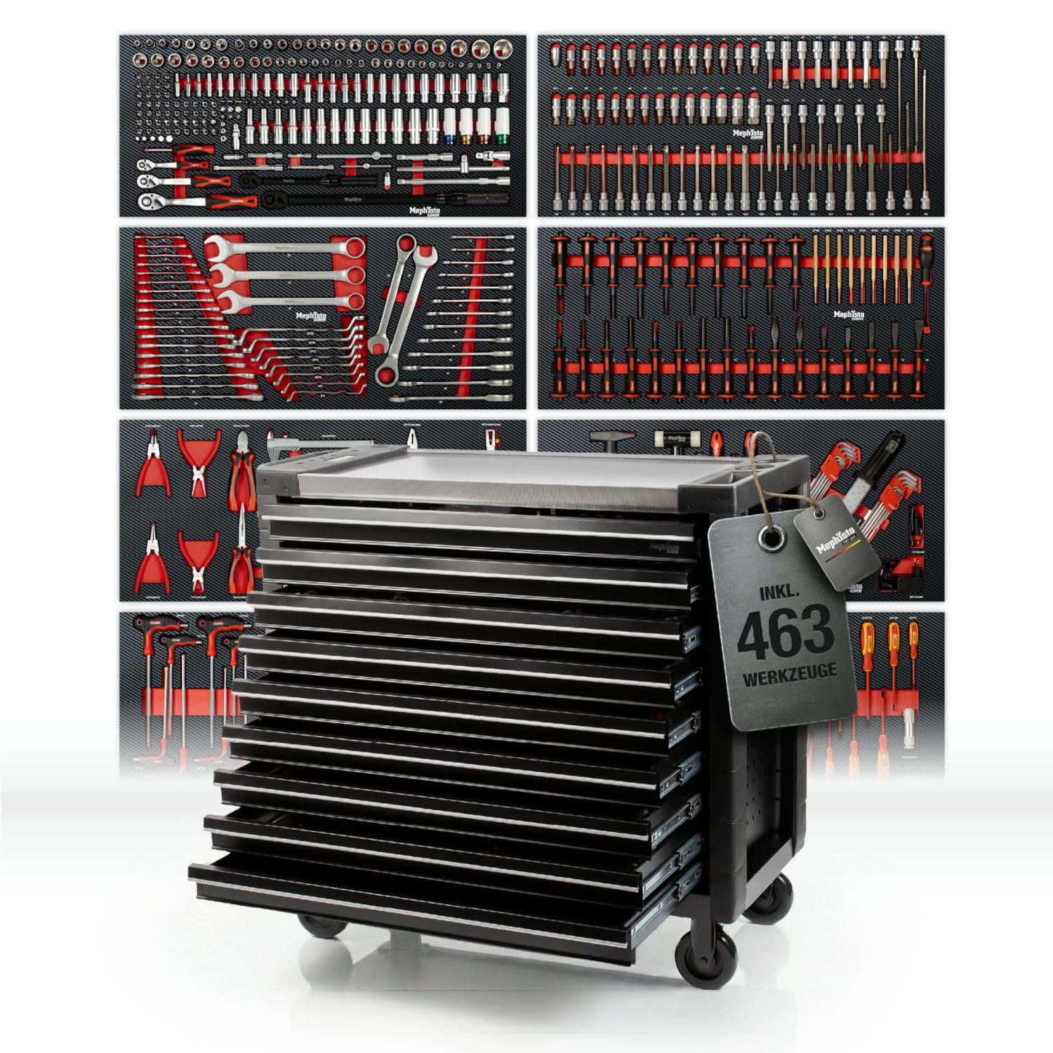 Mephisto-Tools Werkzeugwagen, (umfangreich bestückt), 9 abschließbare Schubladen, Werkzeug ist aus hochwertigem CRV
