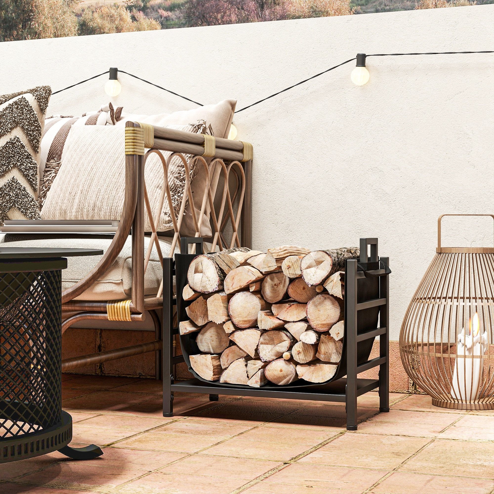 Outsunny Kaminholzregal Brennholzregal Feuerholzregal mit Tragebeutel Metall Schwarz, BxTxH:49x34x44 cm, (Feuerholzregal, 1-St., Brennholzregal), für Outdoor, Indoor, bis 50 kg, Metall, Schwarz