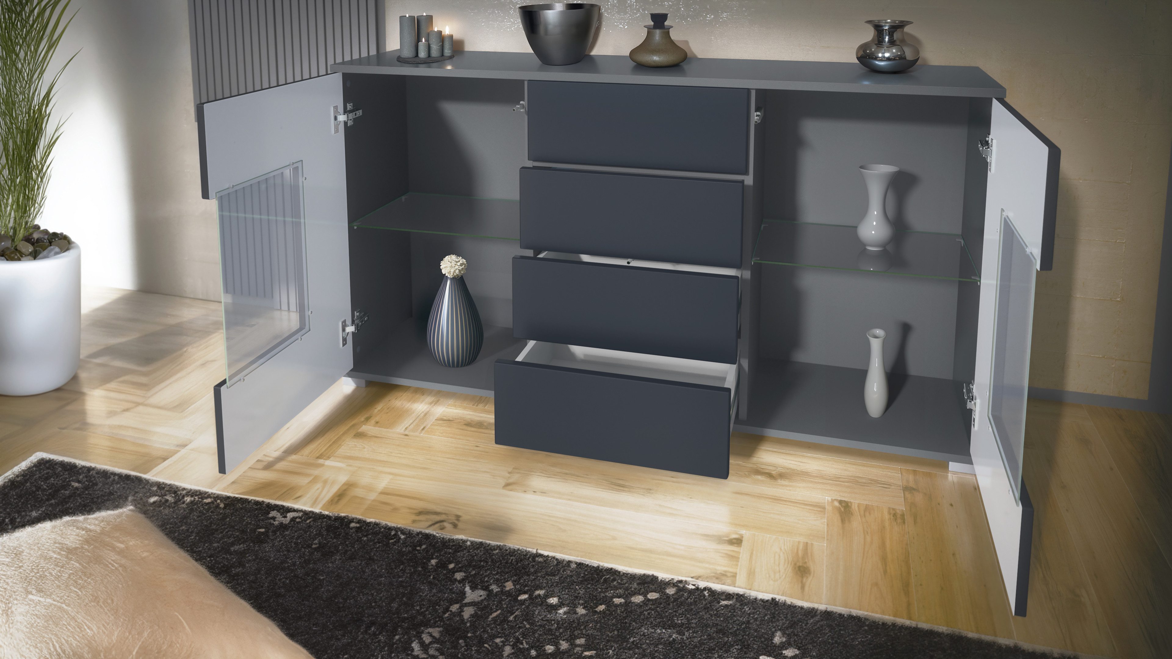 Vladon Sideboard Grömitz V1 (Kommode mit 2 Türen, 4 Schubladen und 2 flexible Glaseinlegeböden), Anthrazit matt/Grau Hochglanz (138,5 x 75,5 x 35)