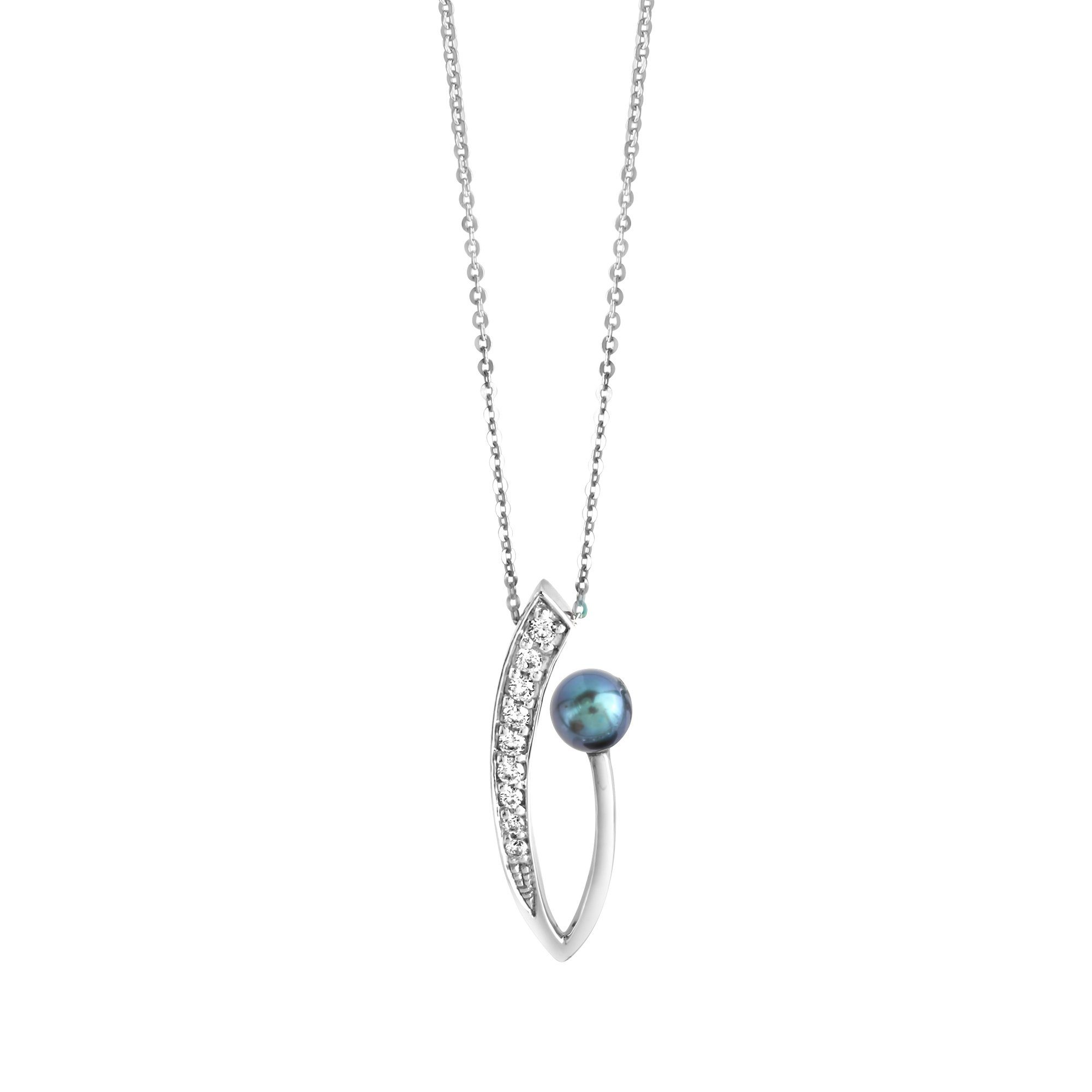 Kette mit Anhänger Silber 925 rhodiniert mit schwarzer Perle & Zirkonia weiß