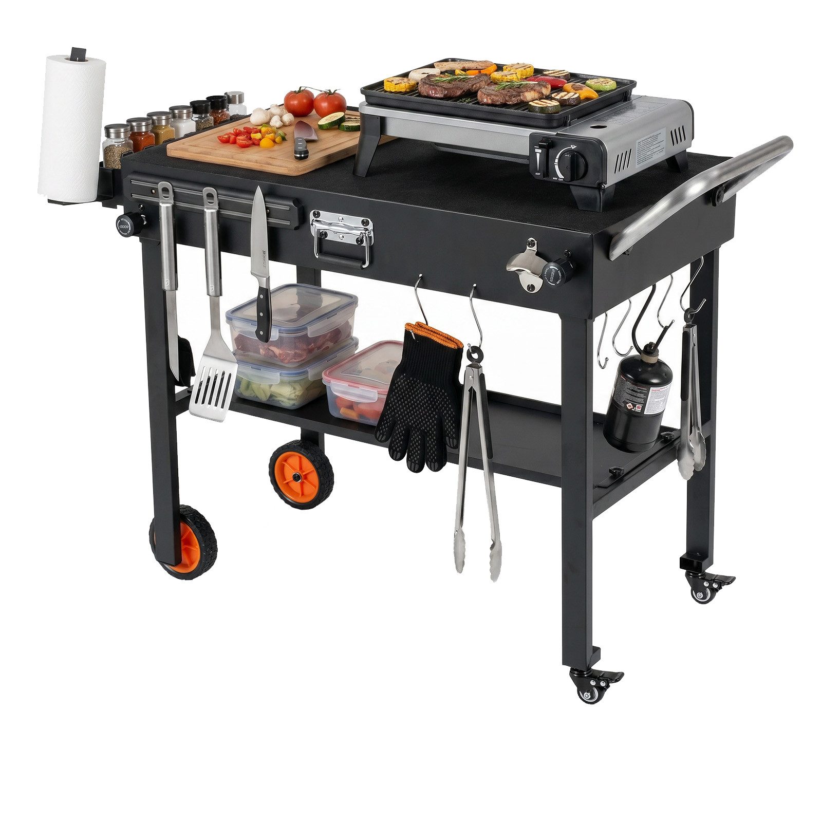 COSTWAY Grillablagetisch, Klappbarer, mit Rollen, Arbeitsfläche & Hitzeschutzmatte