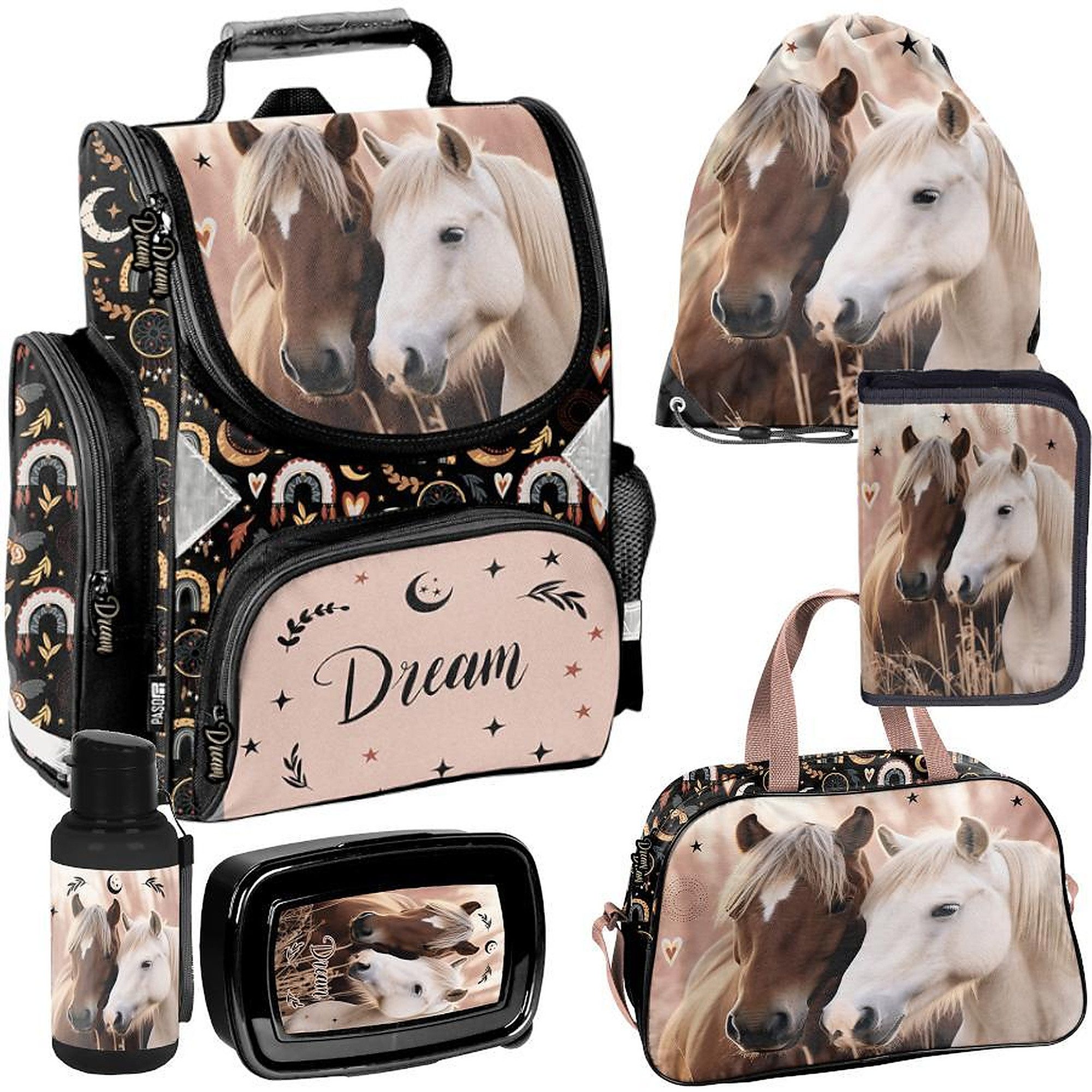 PASO Schulrucksack Mega-Set Pferde Dream Schulset 6tlg. (Schulranzen + Turnbeutel + Federmäppchen + Lunchbox + Trinkflasche + Sporttasche, 6-tlg)