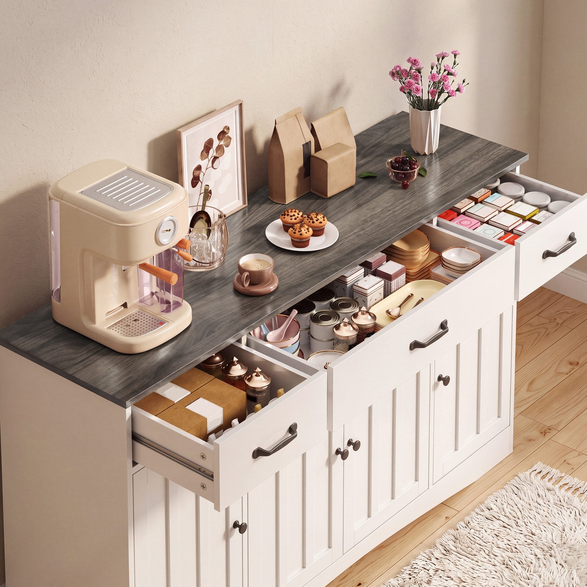 Blishom Buffet Sideboard Kommode Küchenschrank mit 4 Türen und 3 Schubladen Buffetschrank, Anrichte, verstellbare Böden, Landhaus-Design – Bild 4 von 5