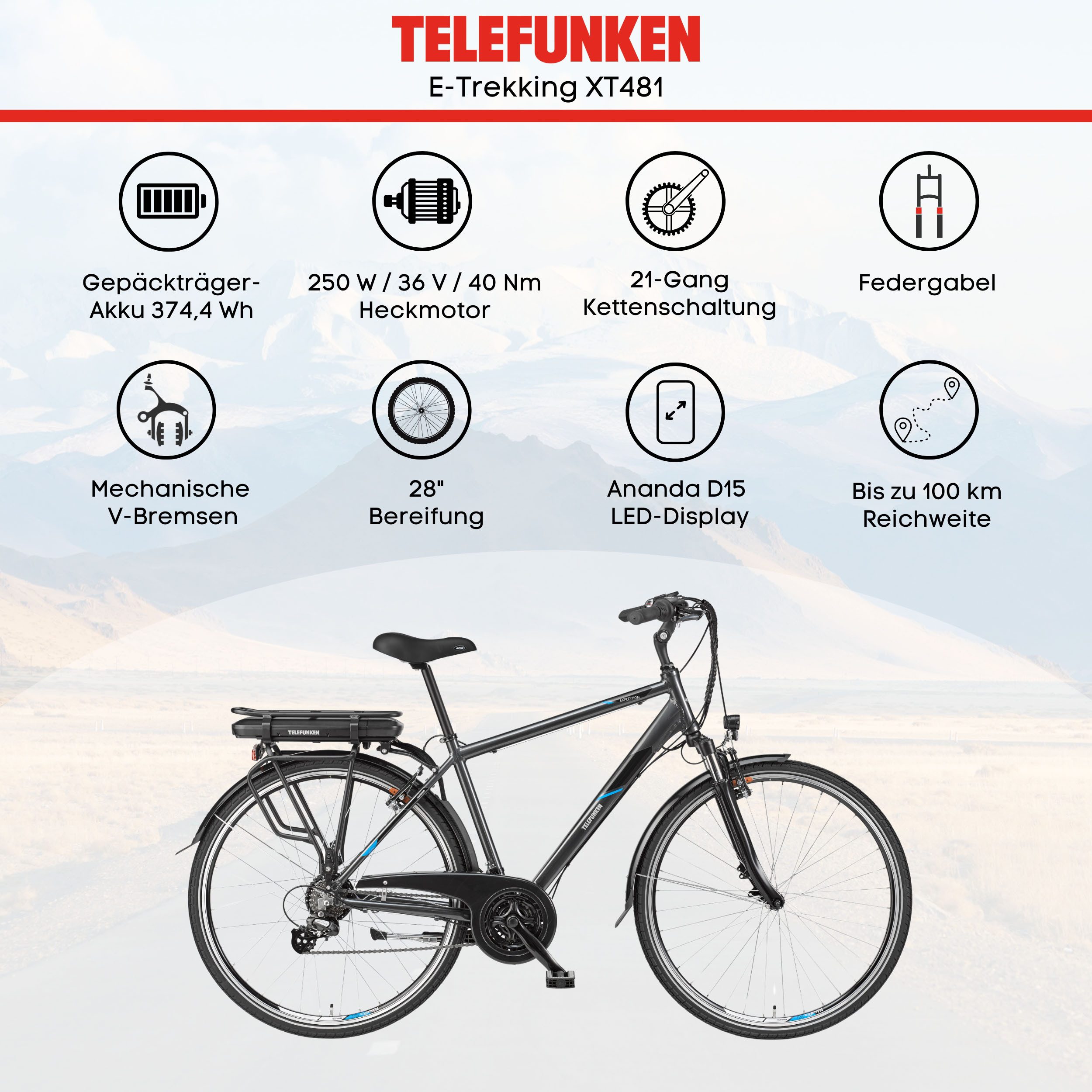 Telefunken E-Bike Trekkingrad Expedition XT481, 21 Gang Shimano, Heckmotor, 374,4 Wh, (mit Fahrradtasche), Reichweite bis zu 100 km, Pedelec, Elektrofahrrad für – Bild 5 von 5