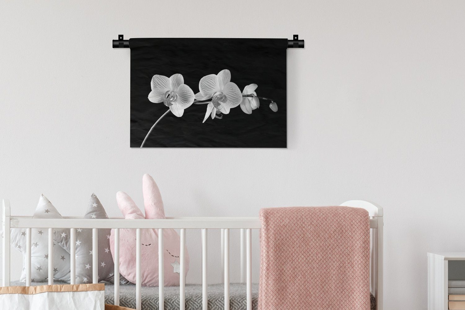 - Kinderzimmer - für Schlafzimmer, Wandbehang, Schwarz Blumen Rosa Orchidee - MuchoWow Wanddeko Kleid, - Wohnzimmer, Wanddekoobjekt Knöpfe,