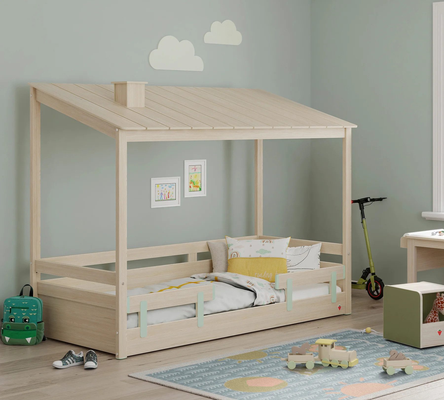 Möbel-Zeit Hausbett MONTES natur mit Holzdach, 90x200 cm