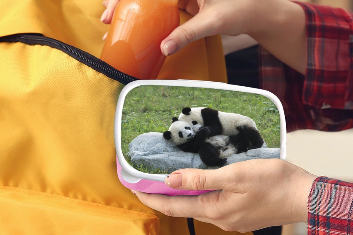 Kunststoff, Mädchen, Brotdose MuchoWow - rosa Brotbox Erwachsene, Gras - (2-tlg), Lunchbox Pandas Snackbox, Stein, Kinder, Kunststoff für