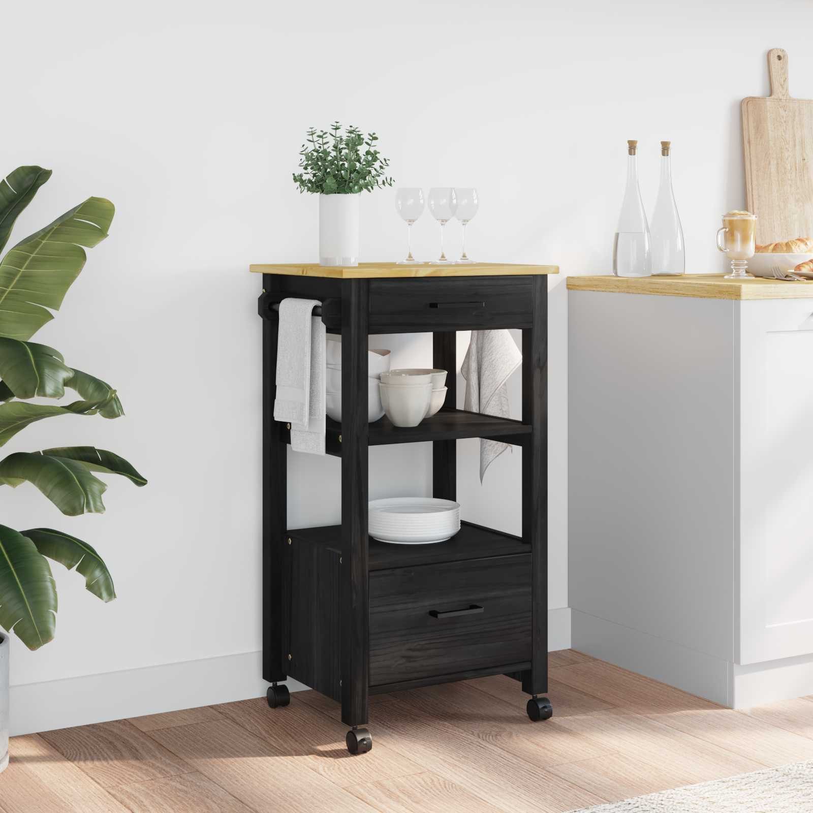 vidaXL Küchenwagen Küchentrolley MONZA Schwarz 48 x 40 x 88,5 cm Massivholz Kiefer, (1 St)
