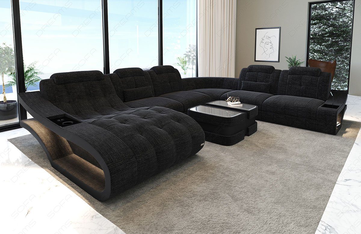 Sofa Dreams Wohnlandschaft Polster Stoffsofa Couch Elegante H XXL Form Stoff Sofa, wahlweise mit Bettfunktion dunkelgrau-schwarz