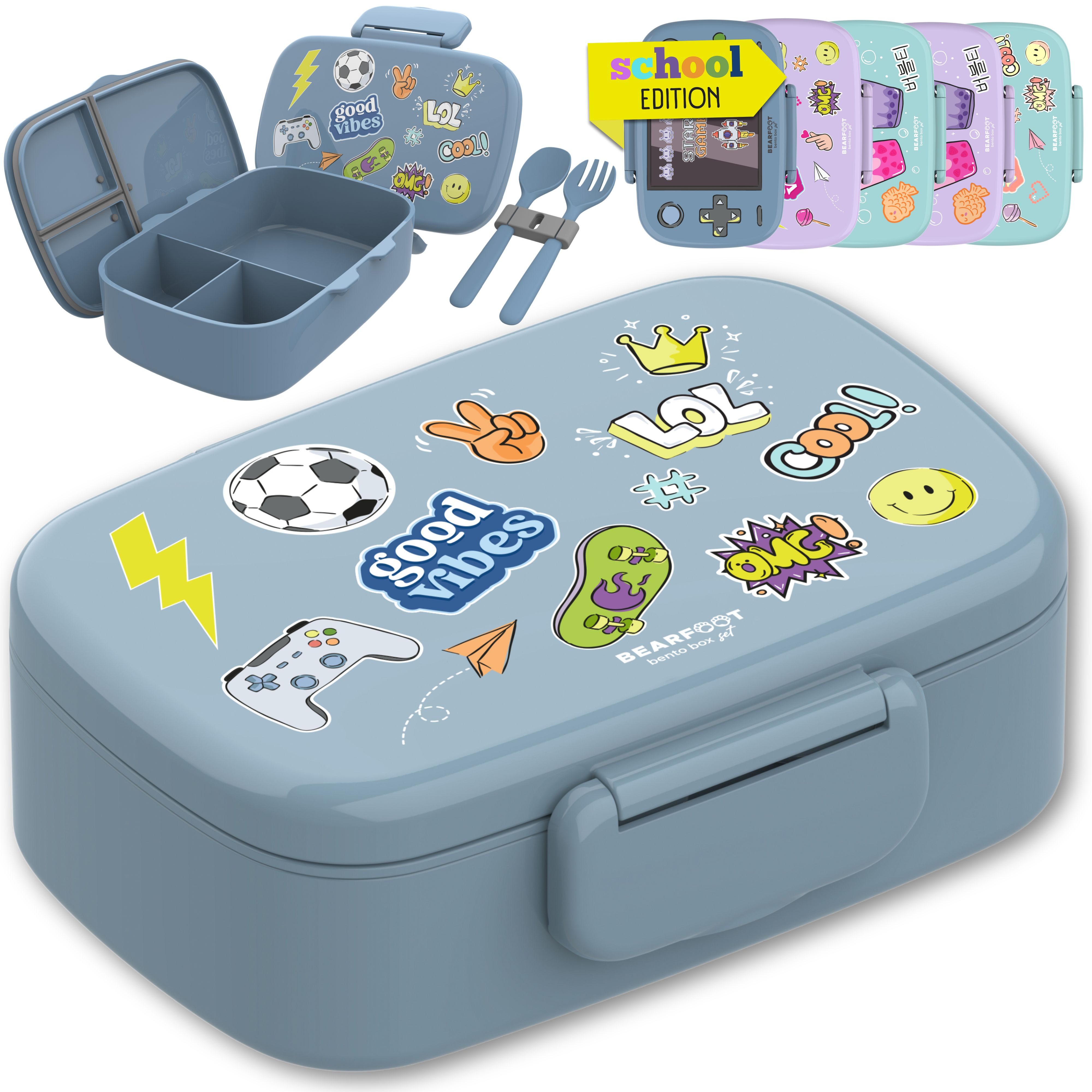 BEARFOOT Lunchbox Brotdose Kinder mit Fächern, auslaufsicher - Sticker, blau, Kindergarten und Schule - Mädchen und Jungen, Vesperbox, Snackbox