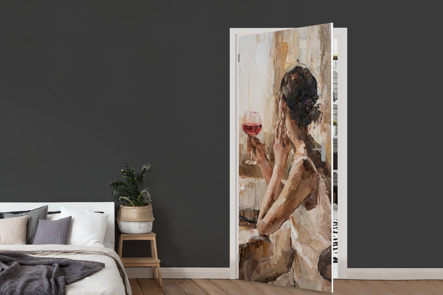 - Matt, Gemälde Türaufkleber, bedruckt, für 75x205 Frau cm - Fototapete Tür, (1 Wein, Ölfarbe - MuchoWow Türtapete St),